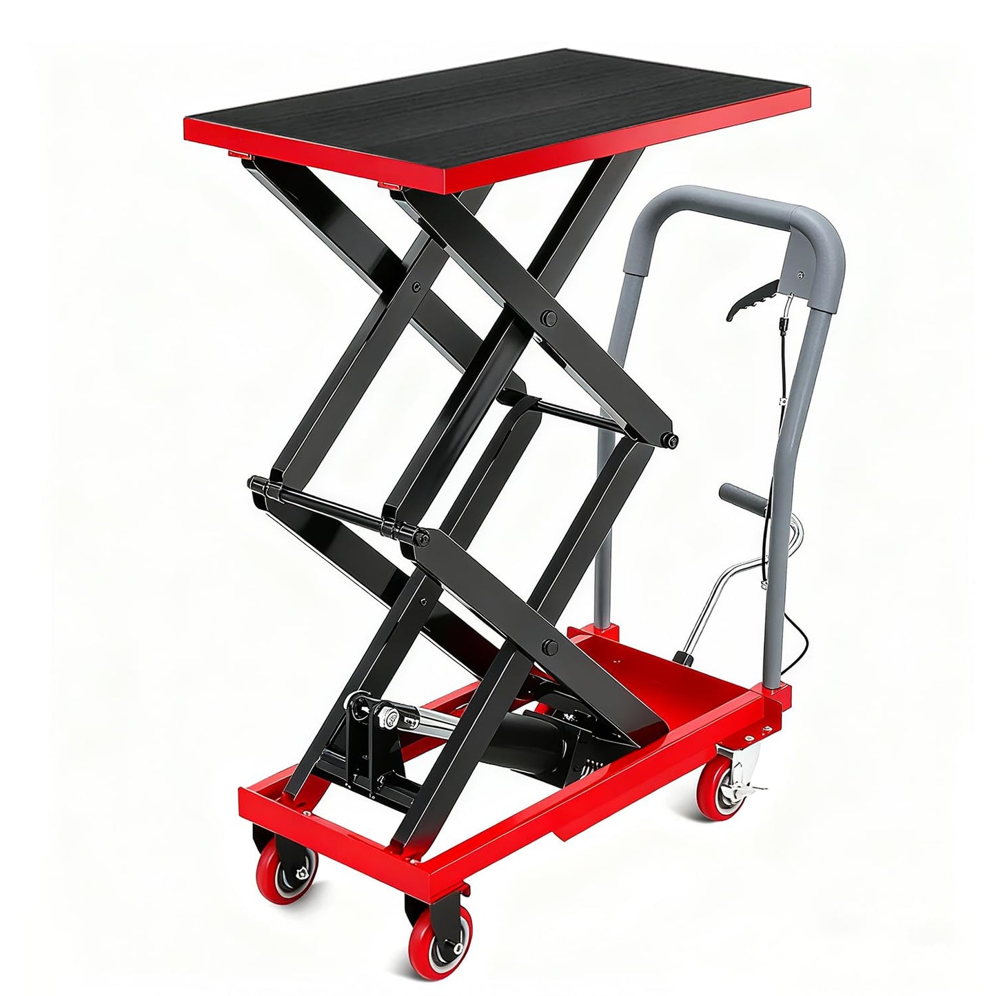 Hydraulic Lift Table, 330 Lbs Capacity, 50" Lifting Height, Double Scissor Lift Table Cart with 4 Wheels and Non-Slip Pad, Manual Hydraulic Lifting Cart (Red, 330 LBS, Double Scissor)