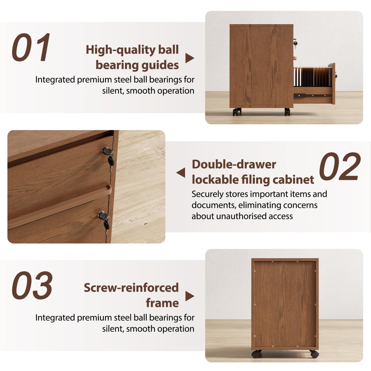 KungFuWood Wheeled Double-Drawer Filing Cabinet, Lockable Mobile File cabinets, Suitable for Home Offices or Storage cupboards for Storing Legal documents or Letter-Sized Files.