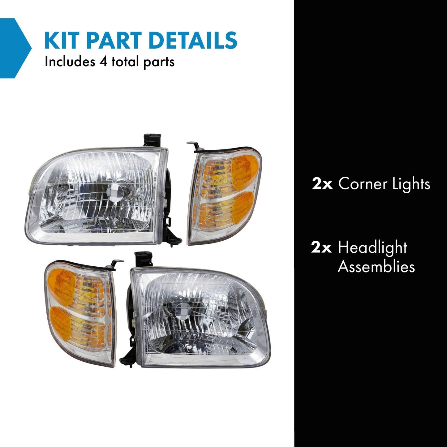 TRQ Headlight & Corner Light Kit 4 Piece Set Compatible with 2001-2004 Toyota Sequoia, 2004 Tundra Crew Cab LKA87336