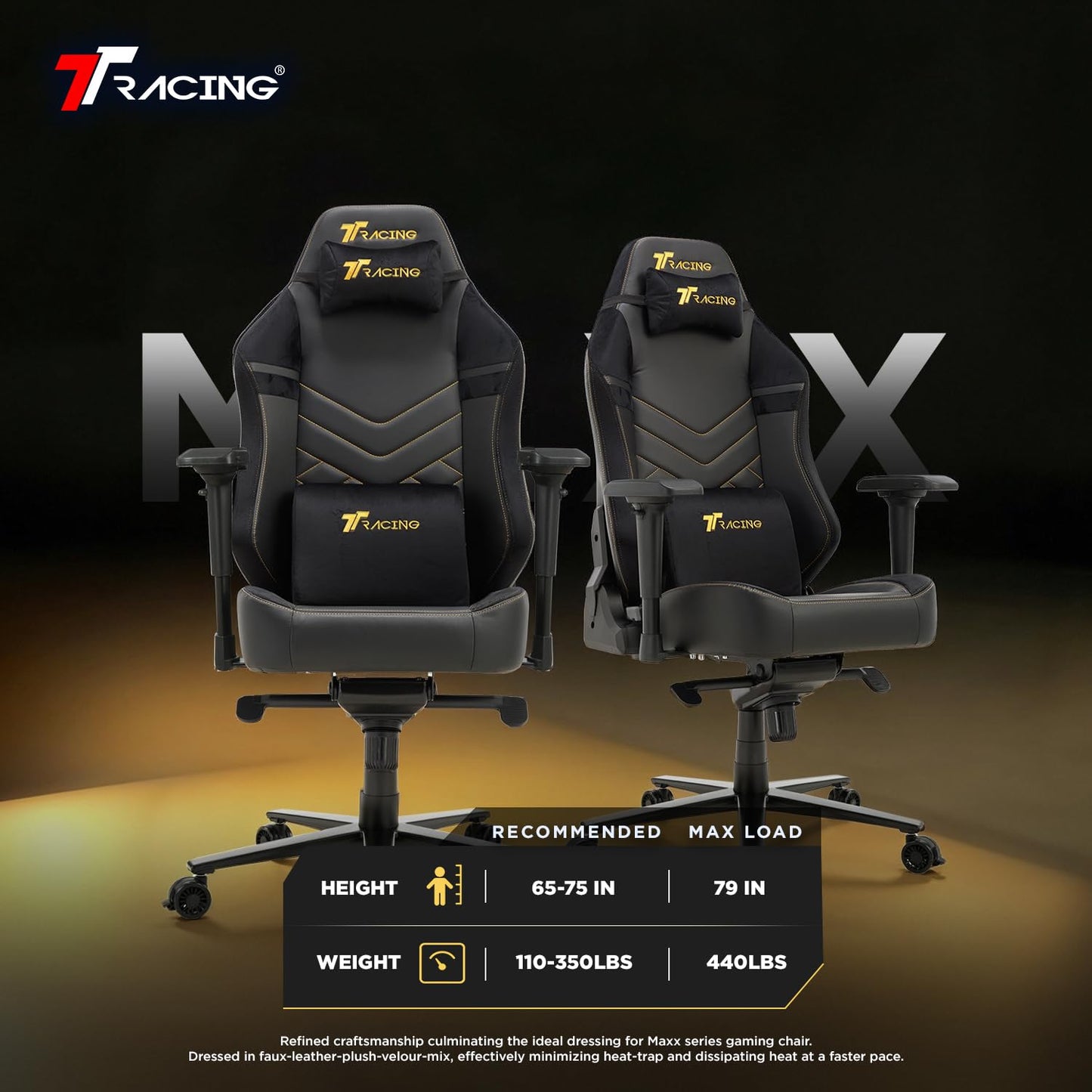 TTRACING Maxx Ergonomic Gaming Chair - Big and Tall PC Computer Desk Chair for Adults, 440 lbs Heavy Duty Aluminum Base, 4D Armrests, 155 Degree Recline, PU Faux Leather and Velour, Royal Black