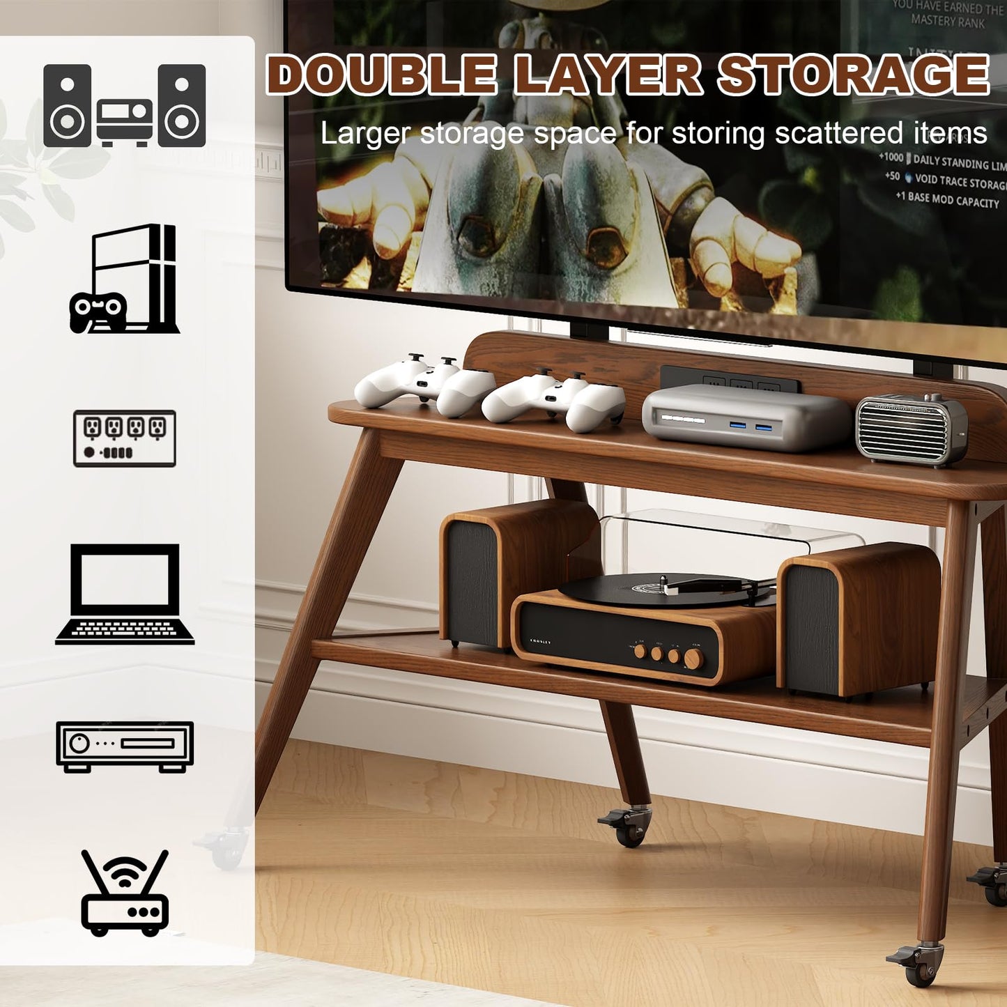 Solid Wood Rolling TV Stand with Power Outlet,Corner Entertainment Center for 40-85 Inch,TV Cart with Storage Shelves,Television Stands with Adjustable Height,Mobile TV Stand for Bedroom,Living Room