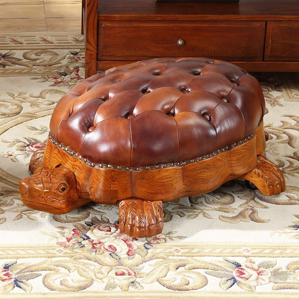 CYYTLFSD Wood Ottoman Footstool,Sofa Stool，Leather Upholstered Vintage Turtle Footrest Stool with Wheels (Brown)