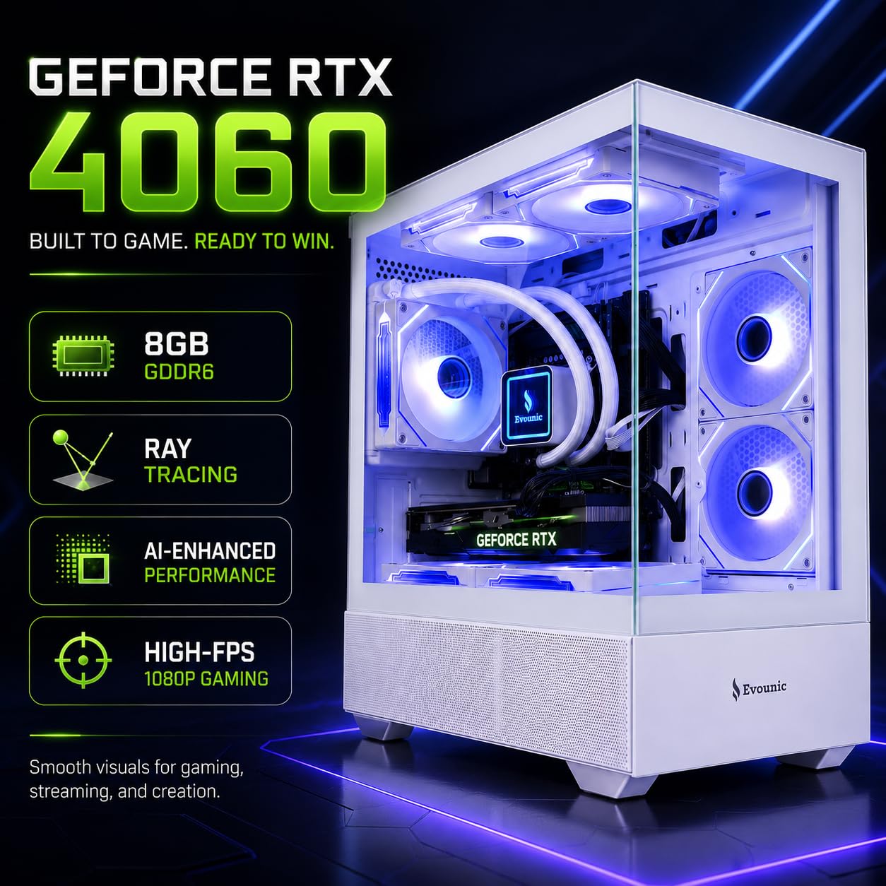 Evounic Gaming Desktop PC Computer Liquid Cooled 12-Core Processor, GeForce RTX 4060 GDDR6, 64GB RAM, 512GB NVMe SSD + 1TB HDD, WiFi 6 & BT 5.4, 7× ARGB Fans, 650W PSU, Windows 11