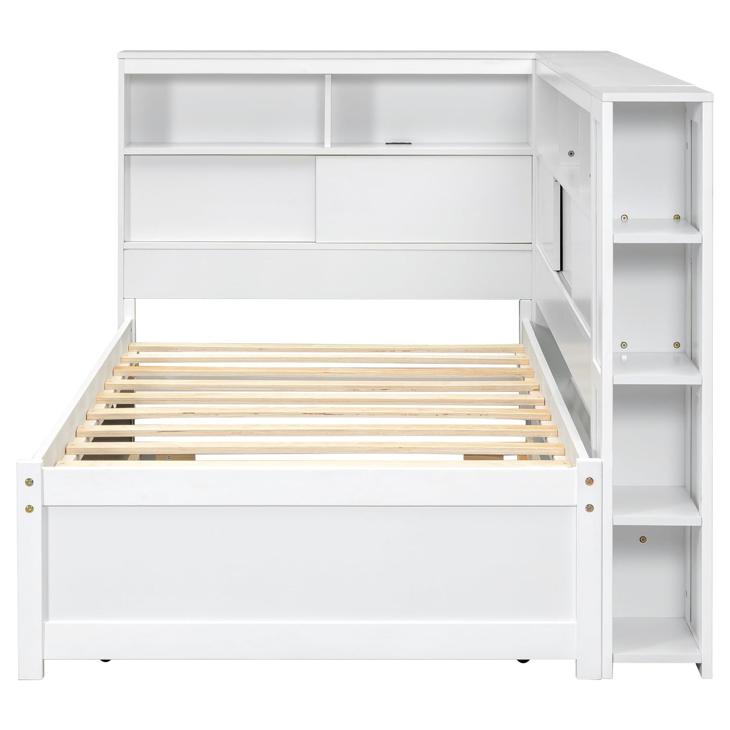Merax Twin Size Modern Upholstered Platform Bed with USB Ports & Trundle Bed, Floor Daybed with Wood Slat Support, Storage Bed Frame with Headboard/Twin, White