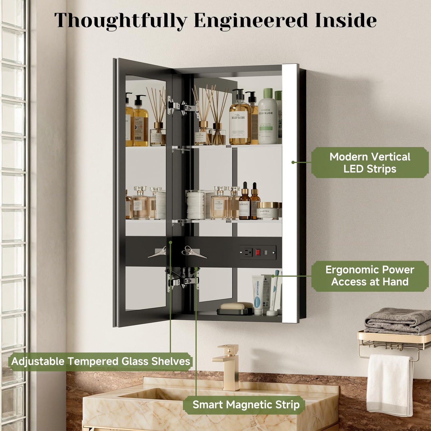 ACEMIRO 20x32 Inch Lighted Medicine Cabinet, Modern Bathroom Medicine Cabinet Mirror with Sleek Vertical LED Lights, Dimmer, Lower Outlet & USB, Smart Storage, Recessed or Surface Mount, 2 Shelves