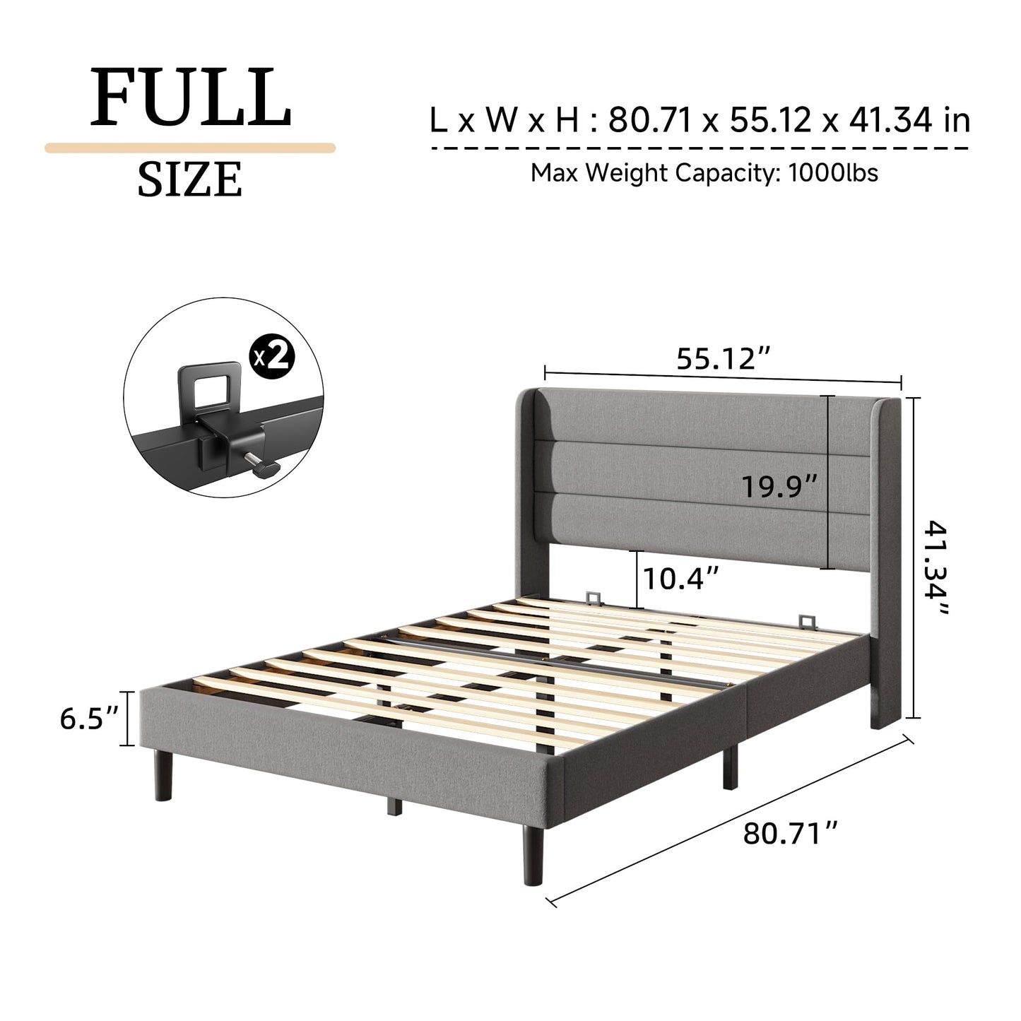Mxhtcewz Full Size Upholstered Platform Bed Frame, Modern Linen Fabric Bed with Wingback Headboard, Sturdy No Wobble, Noise-Free & Easy Assembly, No Box Spring Needed, Gray