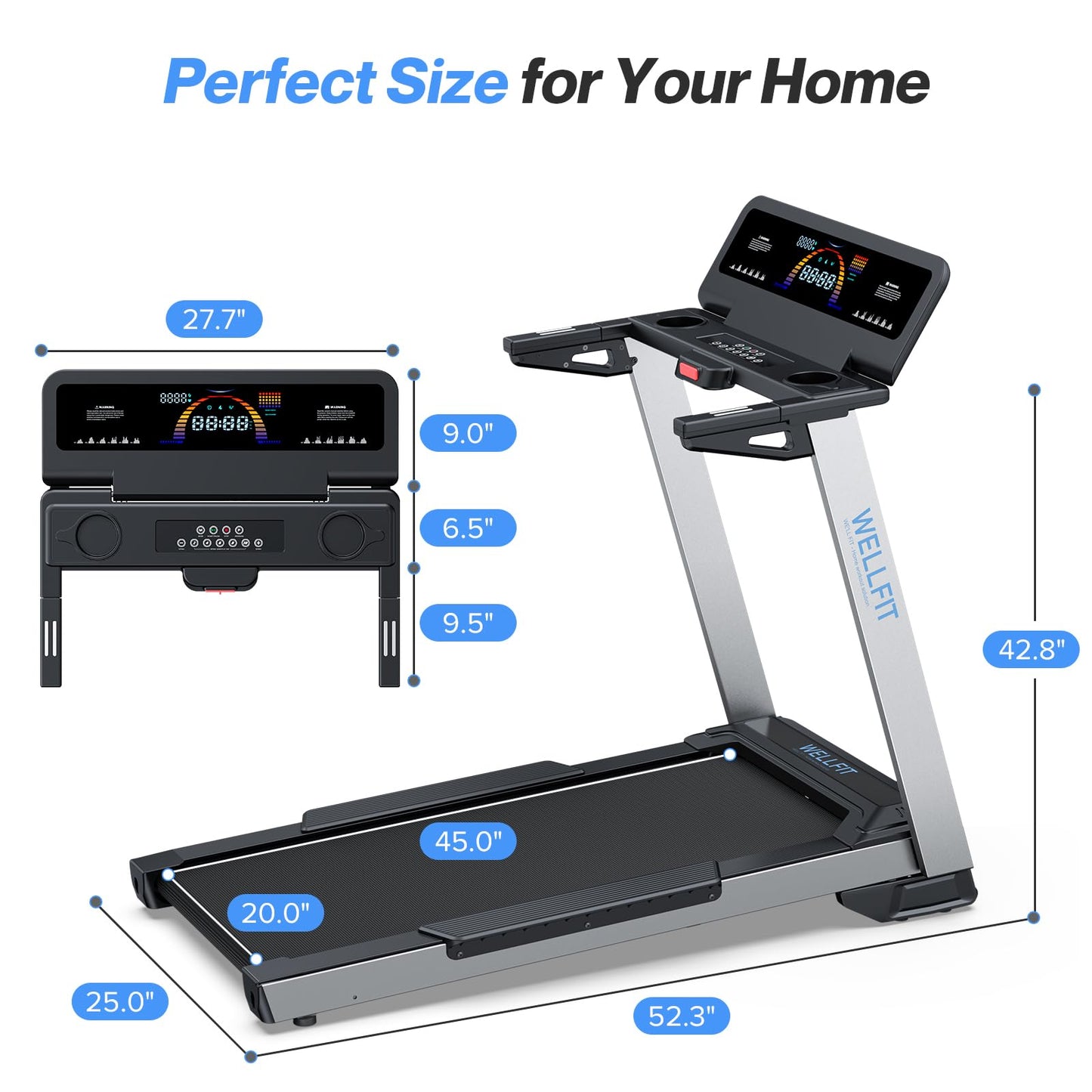WELLFIT Home Treadmill, 2 Level Incline Heavyduty Treadmill with Pulse Sensor, 4.0 HP, 10 MPH, 450 lbs Capacity, 20'' x 45'' Running Area Treadmills with Bluetooth Player & LED Display
