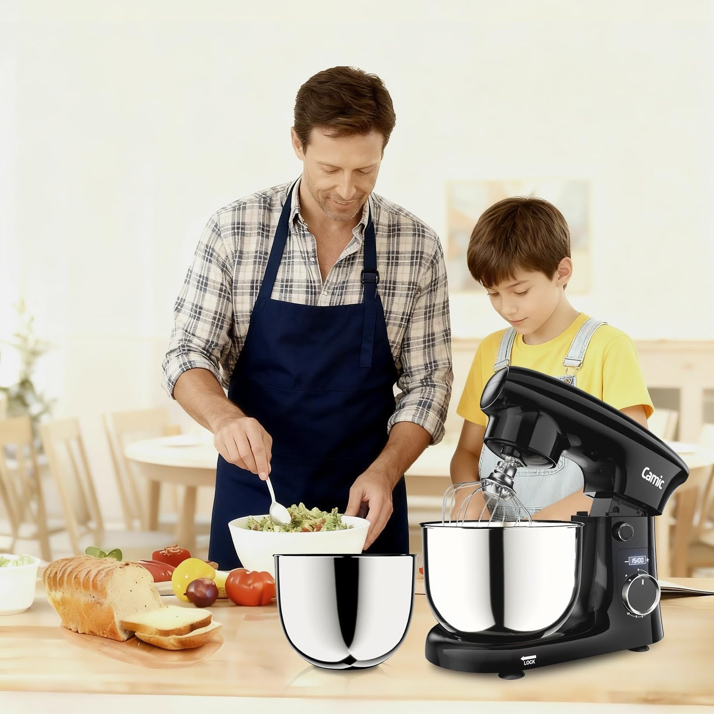 Camic Stand Mixer, 4.2QT+5.3QT Two bowls Electric Food Mixer, 10 Speeds with Digital setting 3-IN-1 Kitchen Mixer for Baking Cakes Cookie Bread Salad with Egg Whisk,Dough Hook,Flat Beater (Black)