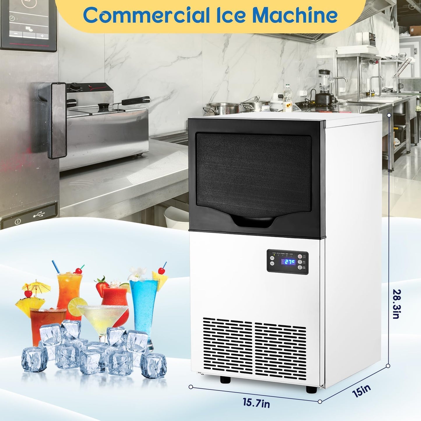 GarveeHome 100 LBS/24Hrs Commercial Ice Maker, 100 LBS Storage, Under Counter/Freestanding, LCD Controller, Self-Cleaning, Stainless Steel for Restaurants/Bars/Kitchens
