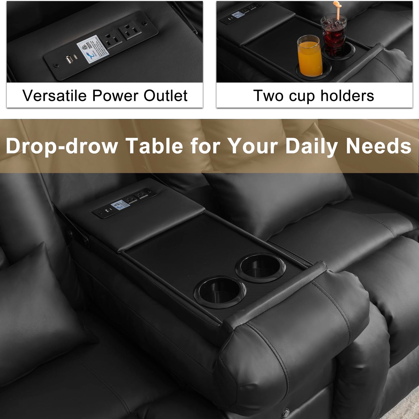 URRED Power Loveseat Recliner Sofa with Massage and Heat, Wall Hugger Reclining Loveseat with Console, RV Couch Home Theater Seating with LED Lights for Living Room (Black, 67" - 2 Seats)