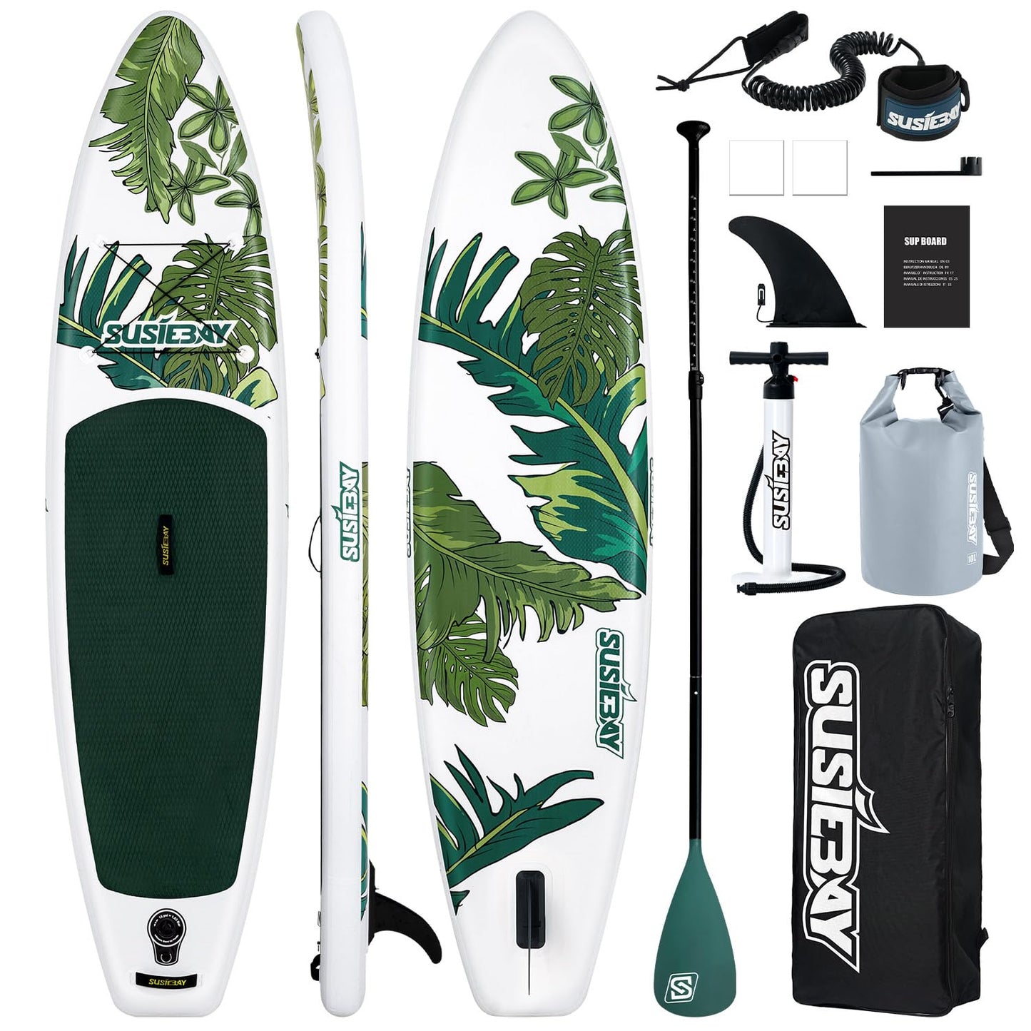 Susiebay Inflatable Stand Up Paddle Board, 11ft Paddle Board for Adults & Youth, Durable SUP Accessories with Non-Slip Deck, Dual Hand Pump,10L Dry Bag,108L Backpack