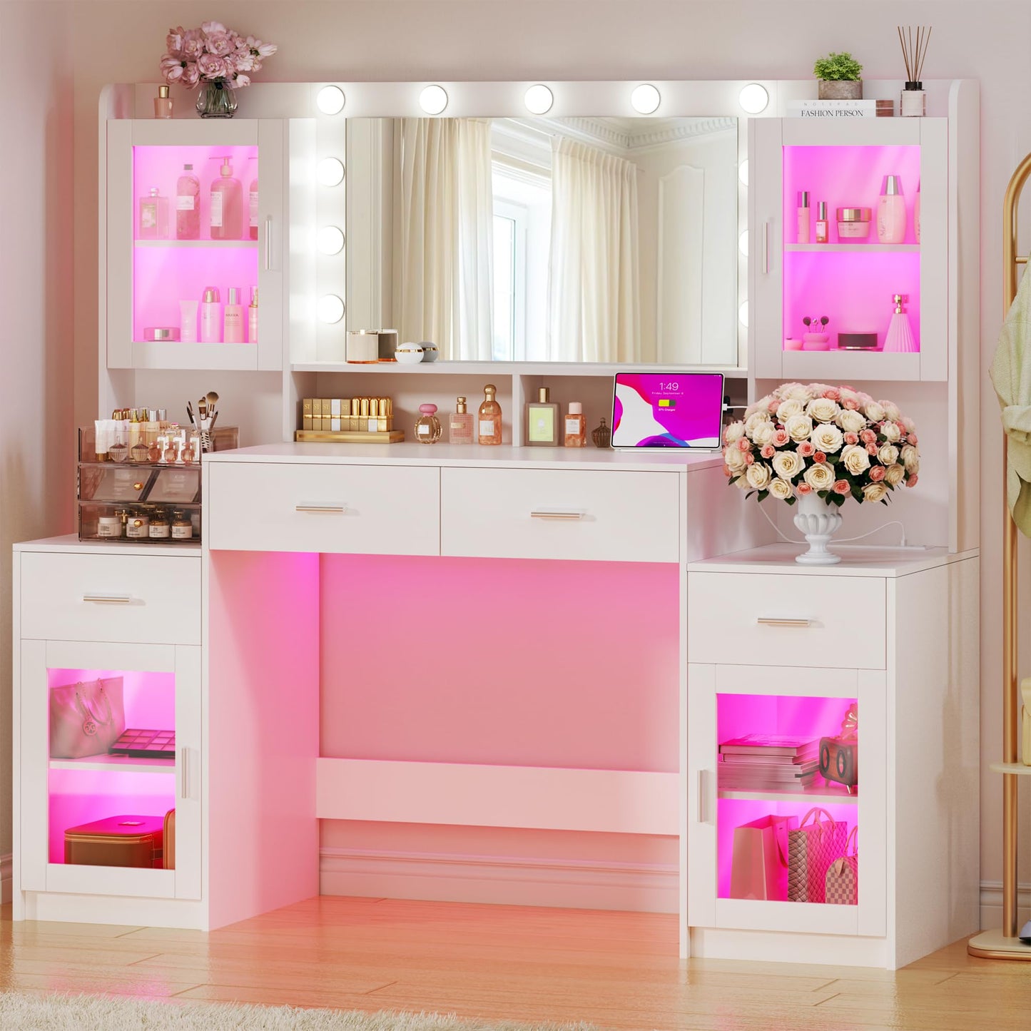 HUAHUU Large Vanity Desk with Mirror & Lights, 54.3'' Makeup Vanity with 4 RGB Cabinets and 4 Drawers, White Vanity Set with LED Lights and Power Outlet, 3 Lighting Modes, Adjustable Brightness