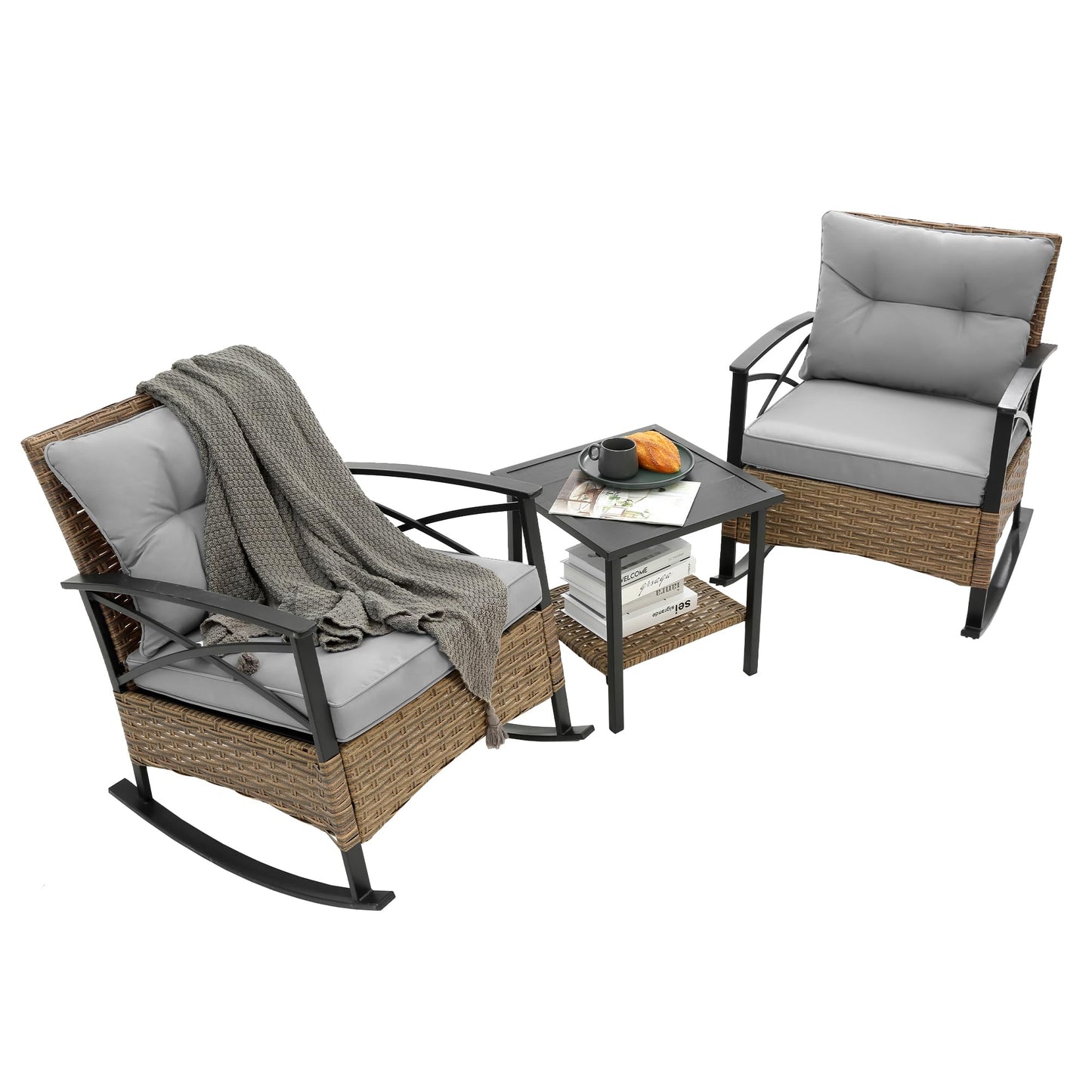 GDFStudio 3-Piece Outdoor Rattan Rocking Chair Set, Patio Wicker Rocker Chairs with Cushions & Side Table, Modern Conversation Set for Porch, Balcony, Garden, Backyard, Grey Cushions