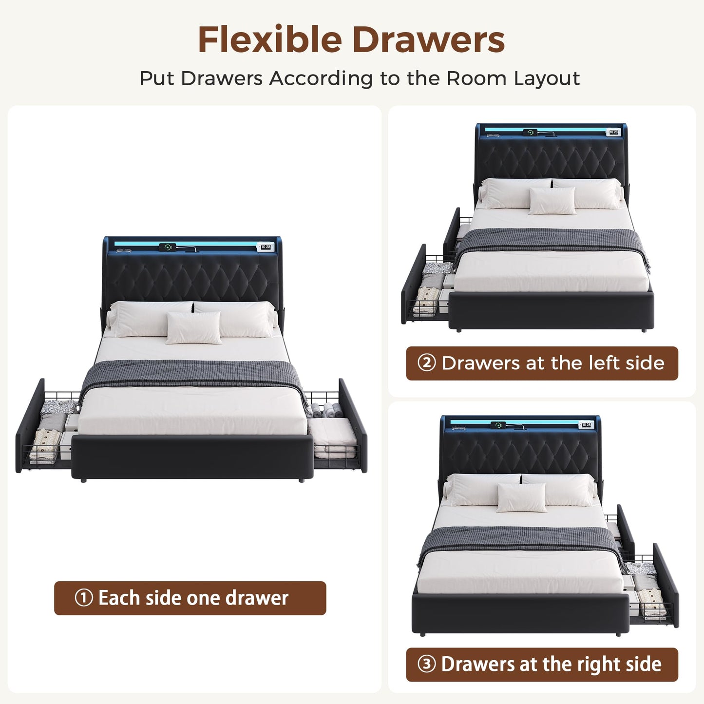 Full LED Velvet Bed Frame with 2 Storage Drawers&Hidden Headboard, Upholstered Platform Bed with Charging Station&Button Tufted Design, Wooden Slats Support, Box Spring Optional, Easy Assembly, Black