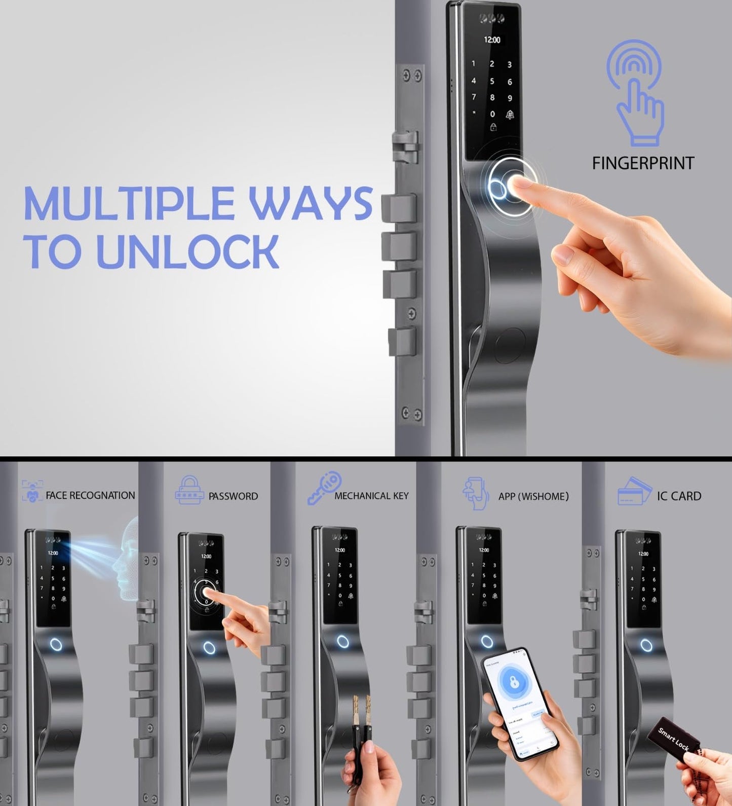 Smart Door Lock with Camera: 3D Face Recognition, Keyless Door Lock with Biometric Fingerprint, Passcode, IC Card, Mechanical Key, Doorbell, Video Intercom, WiShome App, Auto-Lock, Front Door Lock