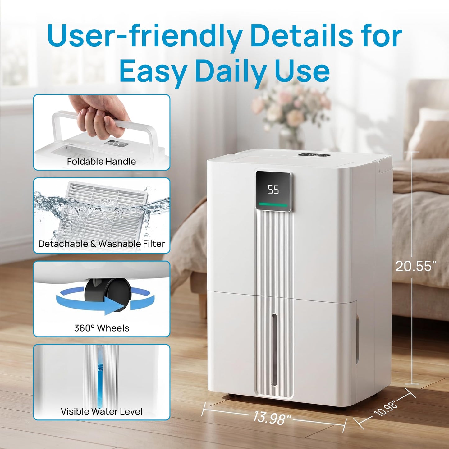 Uthfy 6000sq.ft Large Dehumidifier for Basement, Max 100 Pints Dehumidifiers with Drain Hose, 5.5L Detachable Water Tank, 2 LED & 3 Colors Display, Child Lock, Wheels&Handle for Whose House, Bedroom