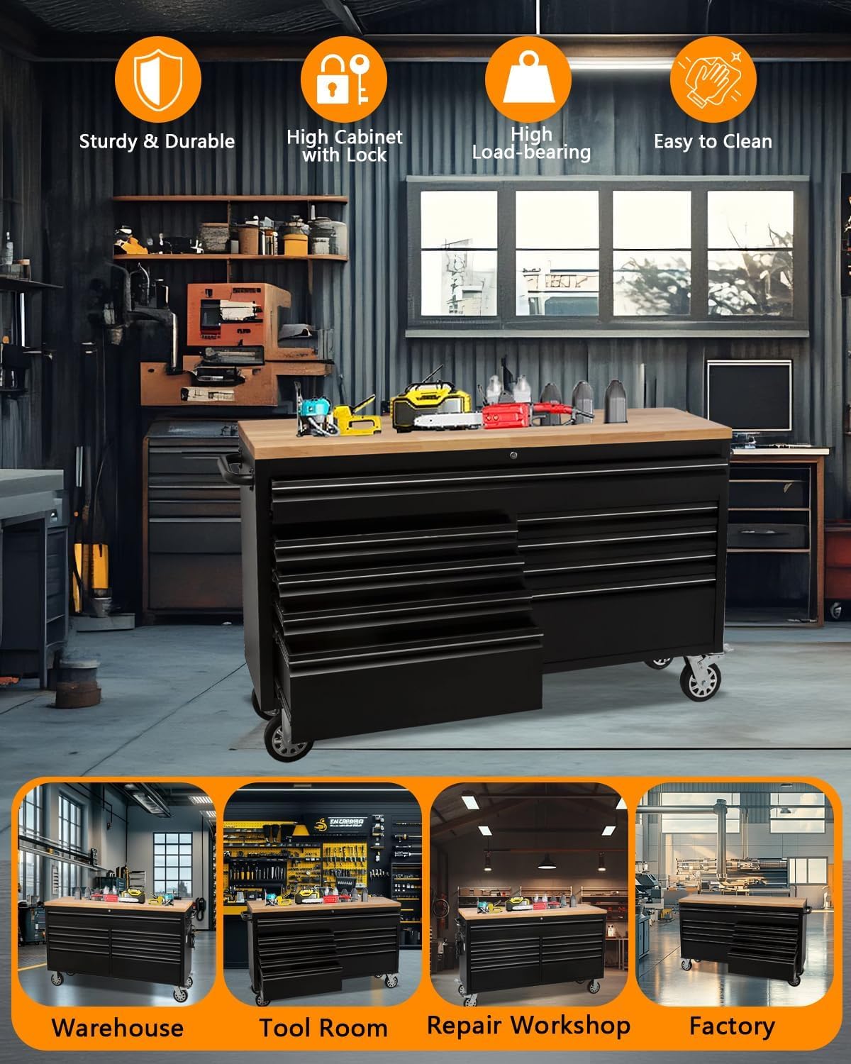 MERXENG 61 Inch Tool Chest, Tool Box Mobile Workbench, 9 Drawers Storage Lockable Rolling Metal Storage Cabinet with 4 Wheels for Garage Workshops Warehouse, Black