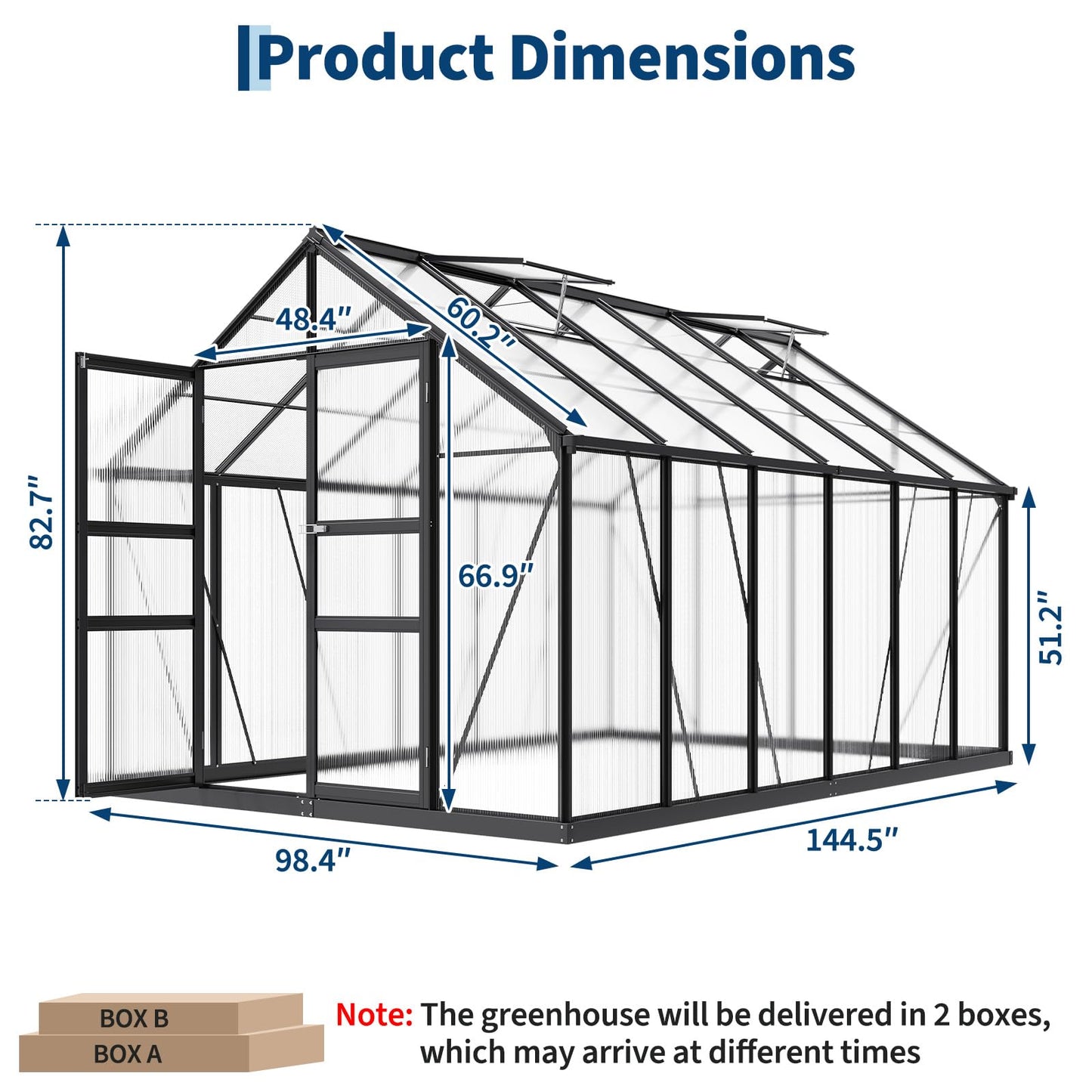 8x12 FT Polycarbonate Greenhouse,Large Walk-in SturdyOutdoor Aluminum Frame Greenhouse with Roof Vent, Lockable Push Door,for Garden, Backyard, Patio & Lawn(Black)