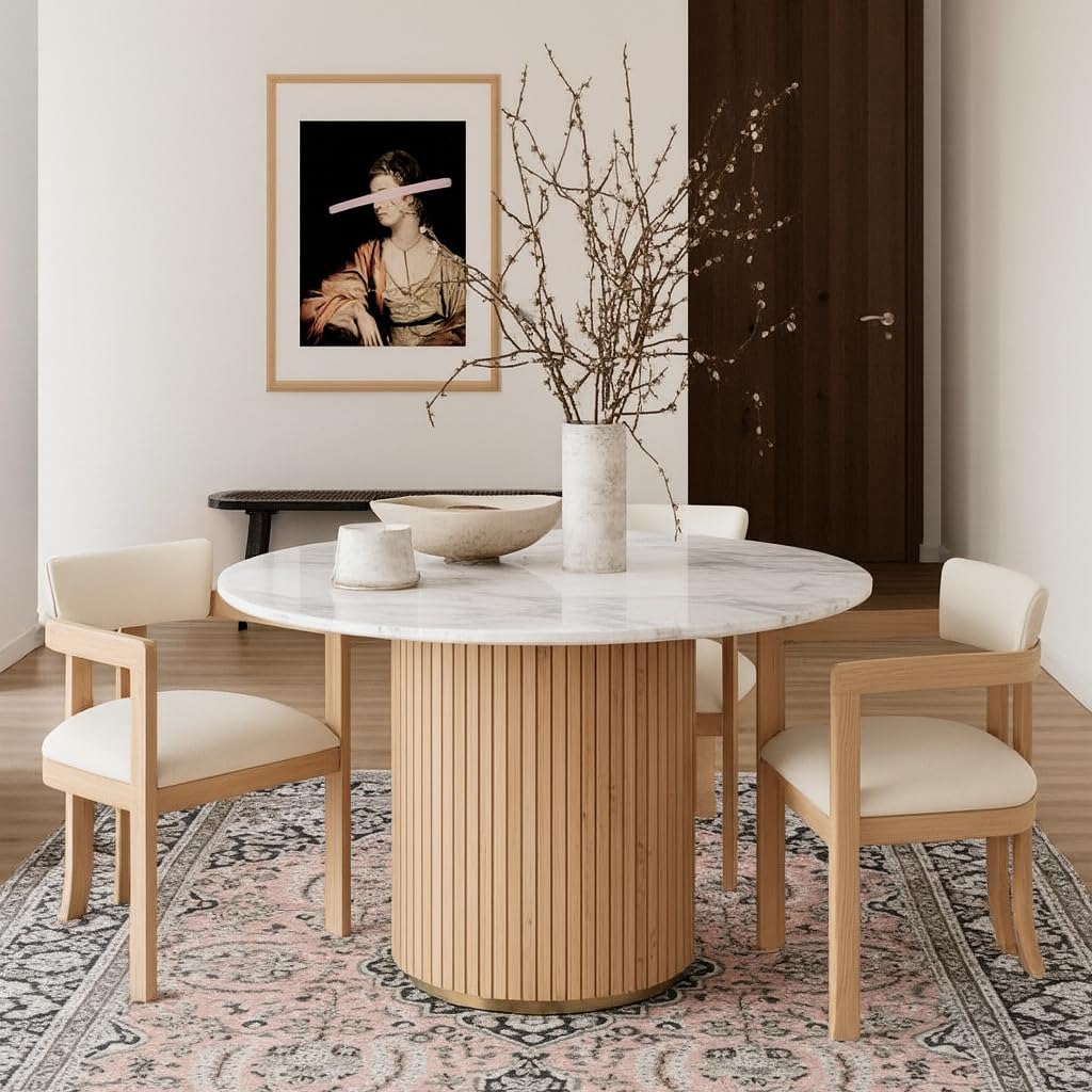 Meridian Furniture 757-T Oakhill Collection Modern | Contemporary Dining Table with Natural White Oak Finish, Solid Mango Wood Base, Genuine Marble Top, Fluted Wood, 47" W x 47" D x 30" H, Natural