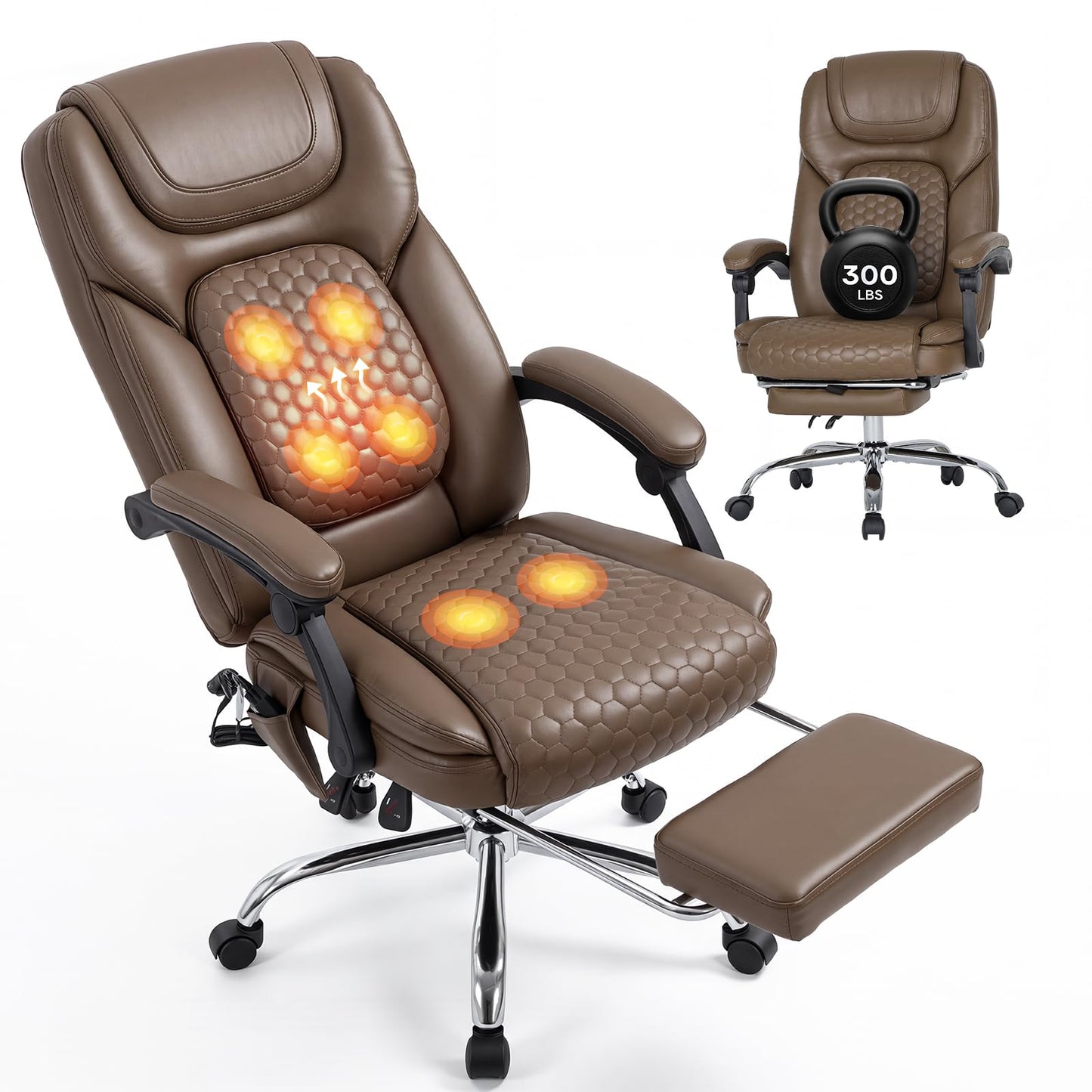 MALOL Massage Office Chair with Heat and Footrest - 3-Level 65°C Targeted Heating, 20-Min Easy Assembly Leather Desk Chair, Big and Tall Executive Computer Chair with Side Pocket, 300 lbs, Brown