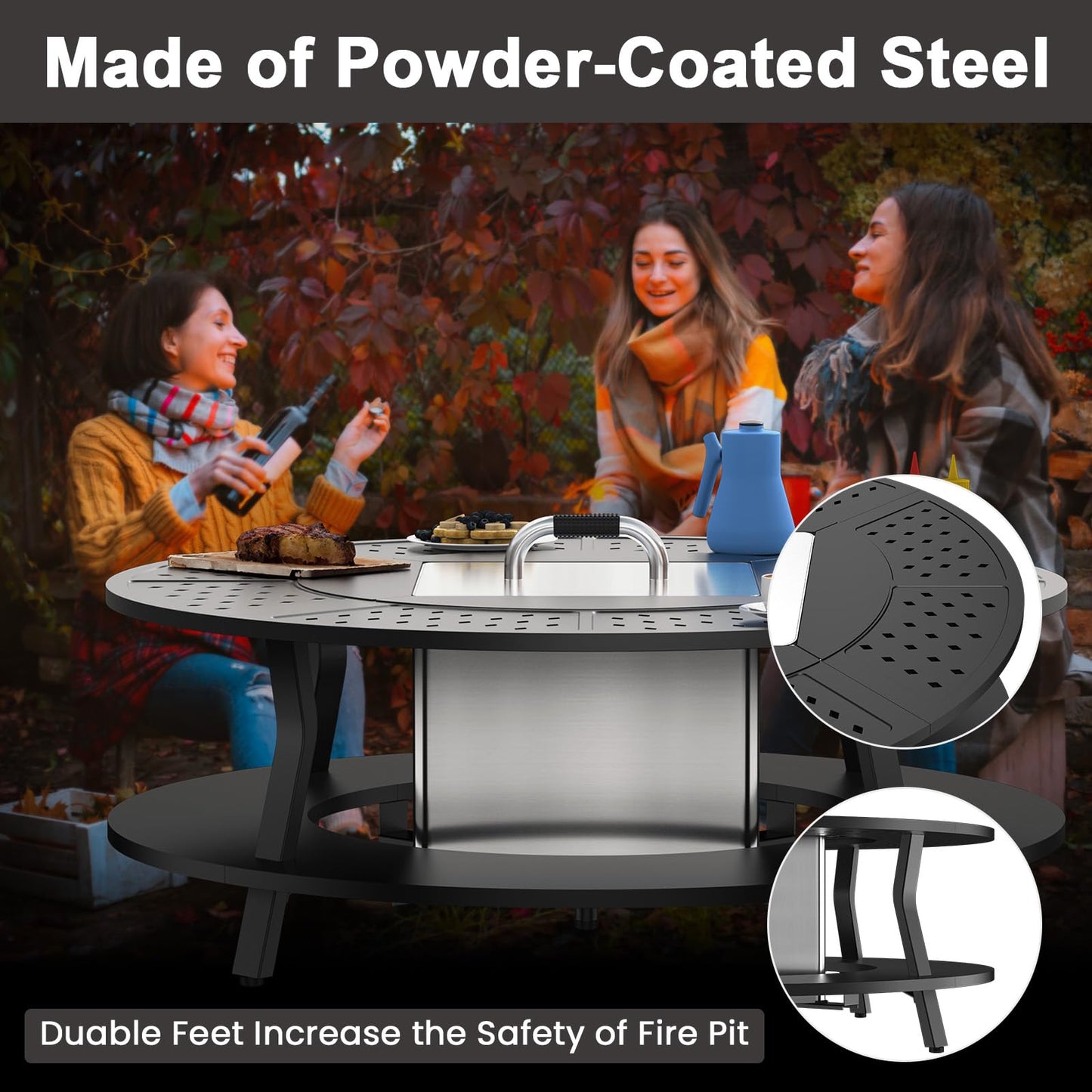 Uniflasy Smokeless Fire Pit and Fire Pit Surround Tabletop, Portable Protective Barrier Equal Width, Safety & Extra Space, 48" Outdoor Tabletop & 17" Smokeless Firepit for Backyard, Camping & Party