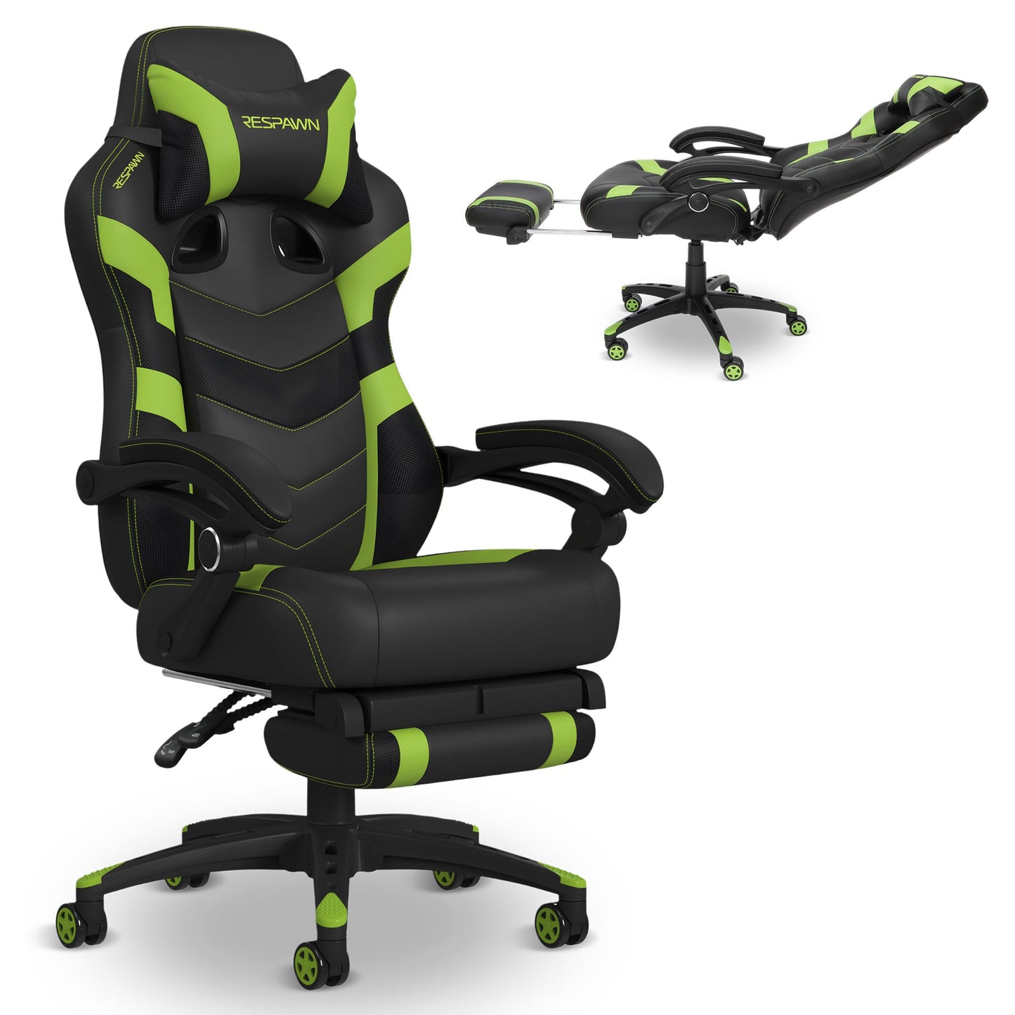 Respawn 110 Pro Ergonomic Gaming Chair with Footrest for Adults - Comfortable Office Gaming Recliner with Lumbar Support and Headrest, Racing Style Video Game Chairs for Computer Gamer - Green