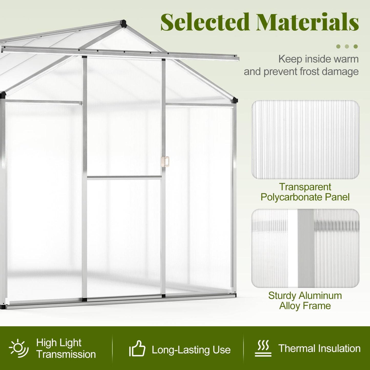 Happygrill Greenhouse, 6 x 8 x 6.5FT Outdoor Polycarbonate Greenhouse w/ Sliding Door, Adjustable Roof Vent, Rain Gutter, Heavy-Duty Aluminum Greenhouses for Outdoors, Garden, Backyard, Patio, Lawn