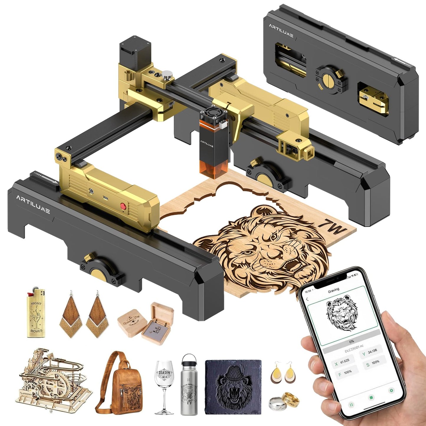 Artilume Laser Engraver Portable Cutter Machine APP-Control Riser & Protective Casing for Small Business 200x150mm Working Area for Wood Leather Acrylic Coated Metal–DIY & Crafting T1-7W
