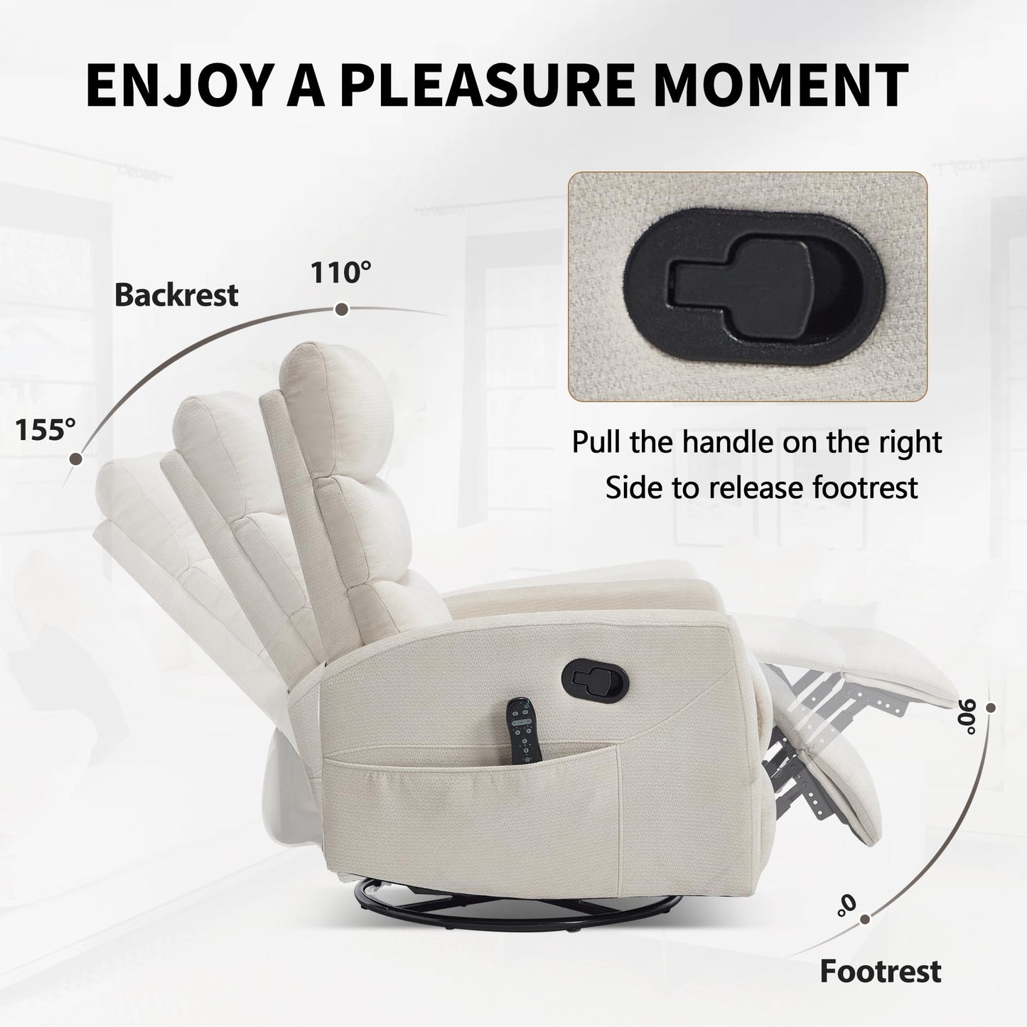 KEIKI Heat Massage Manual Recliner Chair, 360° Swivel Rocker with Lumbar Heat, Chenille Fabric Square Arms, Ergonomic Cushion Back Design, Gentle Rocking Motion for Adult Living Space, Beige