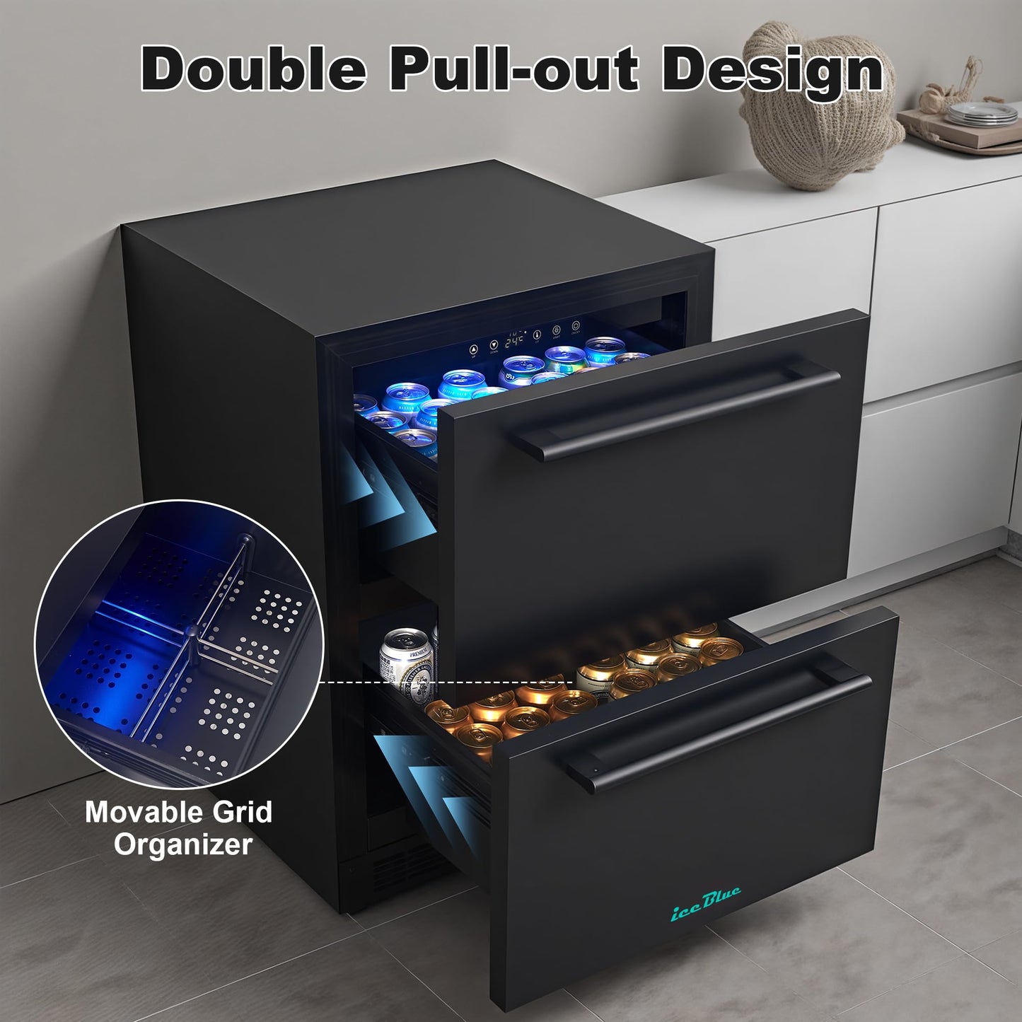 Iceblue 24 Inch Under Counter Drawer Fridge, Wine Fridge, Stainless Steel Freestanding Beverage Refrigerator, 34~50℉ Fast Cooling Wine Refrigerator for Home, Bar, Gift (Black)