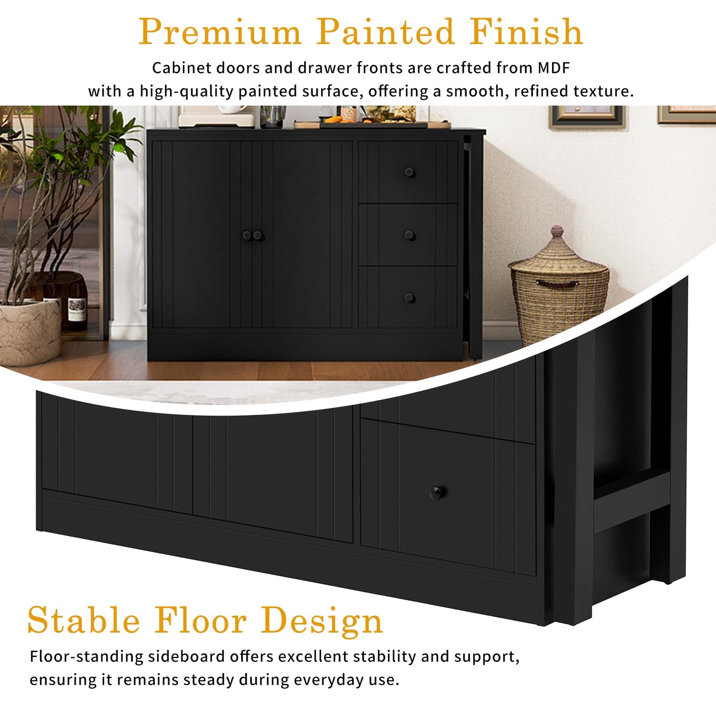Merax Wood Farmhouse Buffet Sideboard with with Extendable Table, Multifunctional Coffee Bar Cabinet with 2 Doors and 3 Drawers for Living Room Bedroom Kitchen Black
