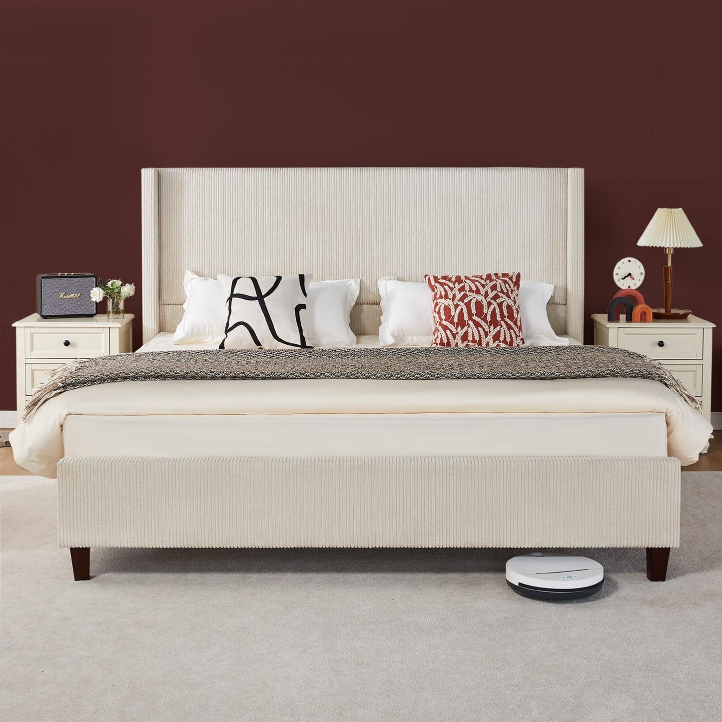 VanAcc Queen Size Platform Bed Frame, 50.8" Corduroy Upholstered Bed with Vertical Channel Tufted Headboard/Wooden Slats/Wingback/No Box Spring Required/Beige