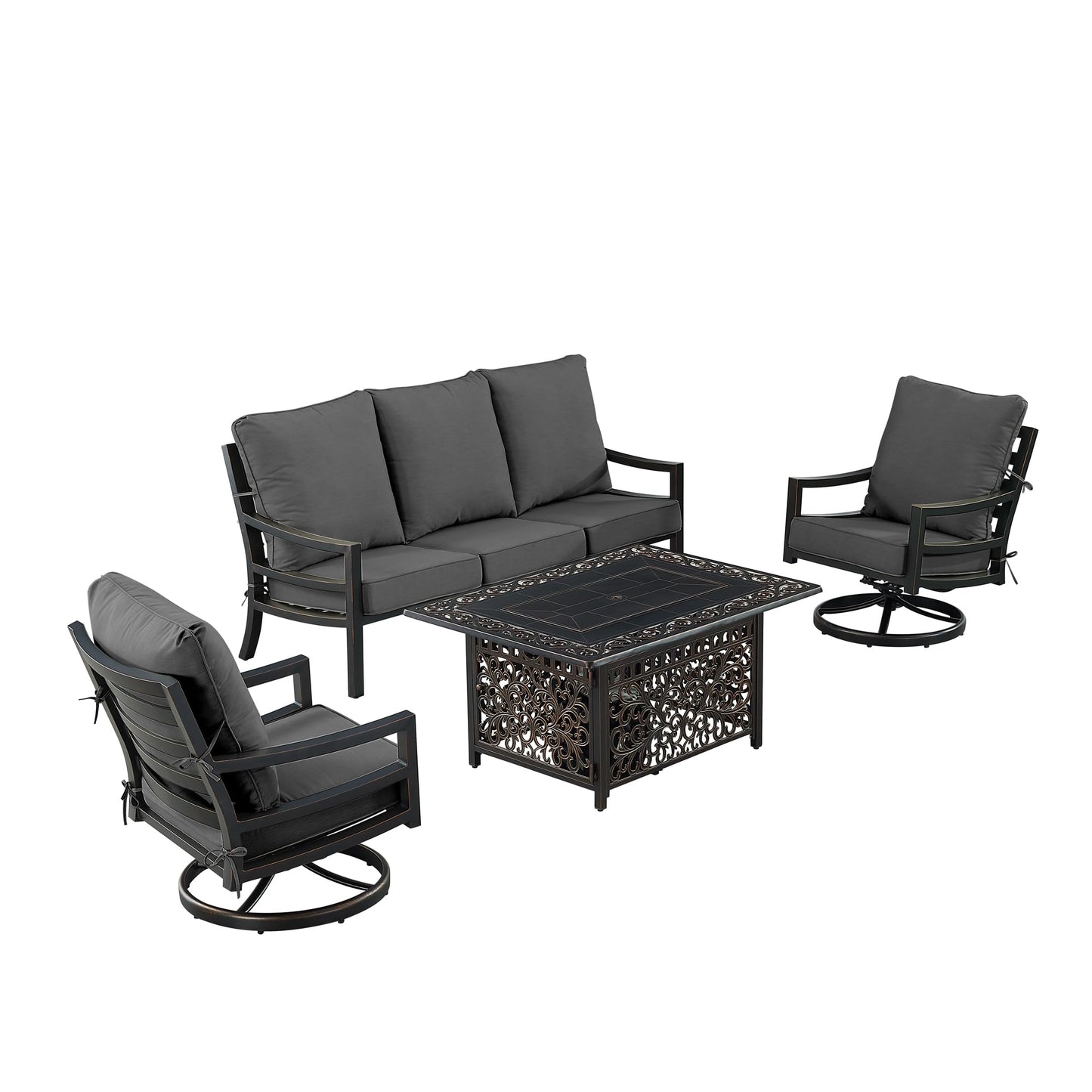 Oakland Living Black Aluminum Patio Fire Table Set with Deep Seating Sofa with Cushions and Two Club Chairs with Black Cushions