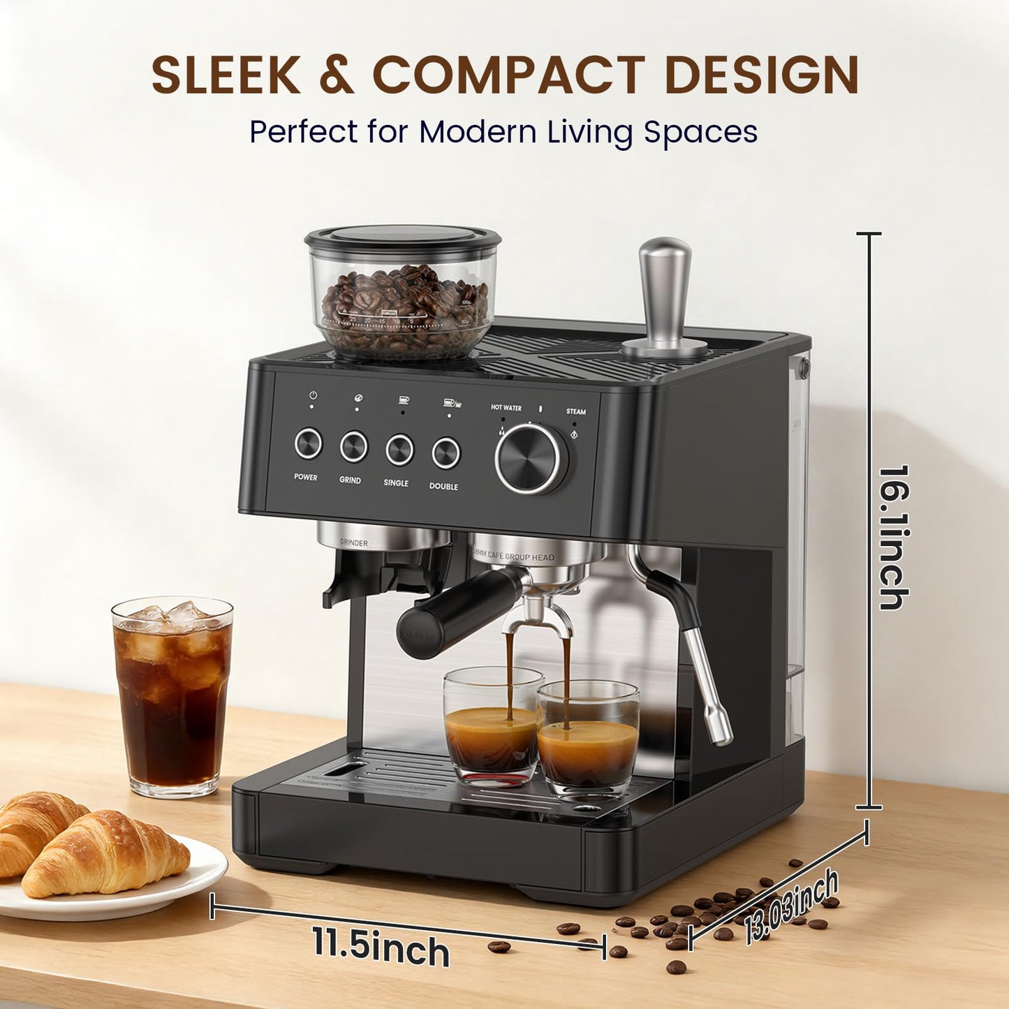 Kismile 20-Bar Espresso Machine with Grinder, Expresso Coffee Machines Coffee Maker with Grinder, Milk Frother/Steam Wand & Tamping Tools for Cappuccino & Latte