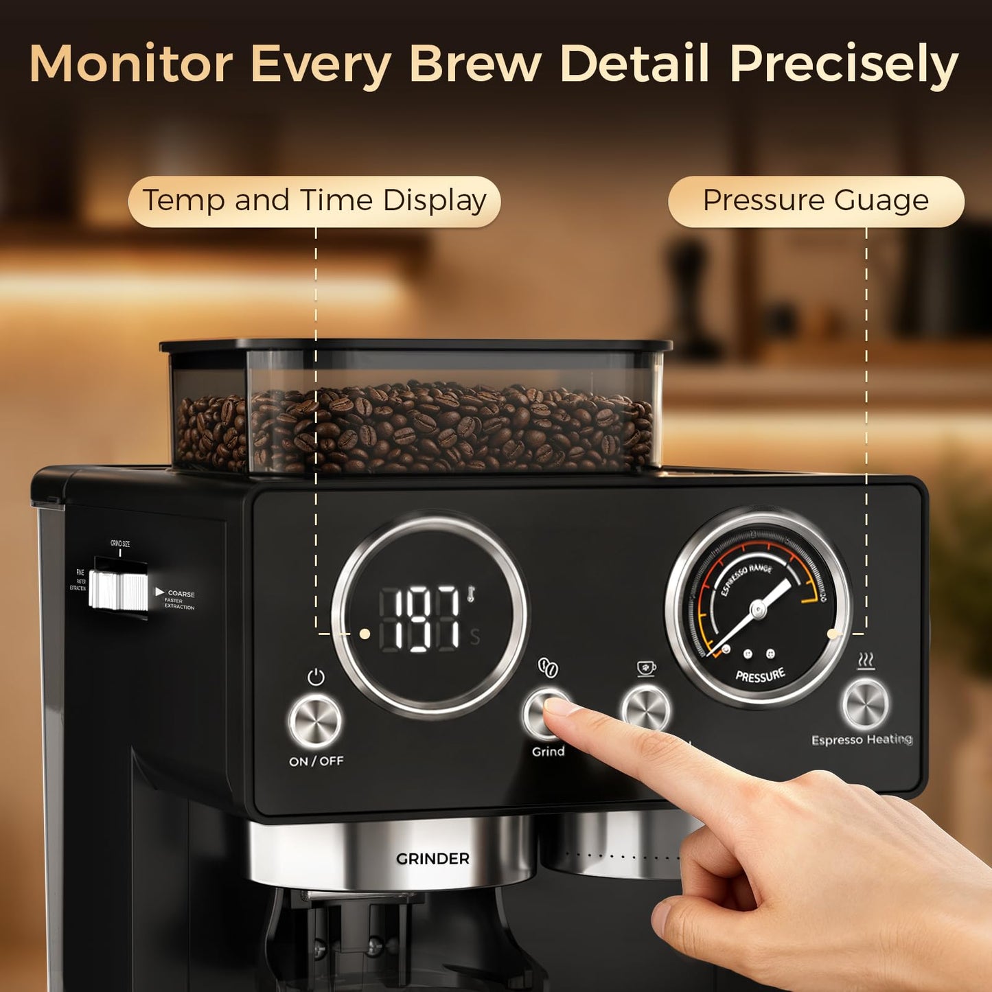 CHULUX Nero Espresso Machine with Built-in Conical Burr Grinder, 4-in-1 20 Bar Espresso Coffee Maker for Cappuccino, Latte, Hot & Iced Espresso and Hot Water, Mystic Black