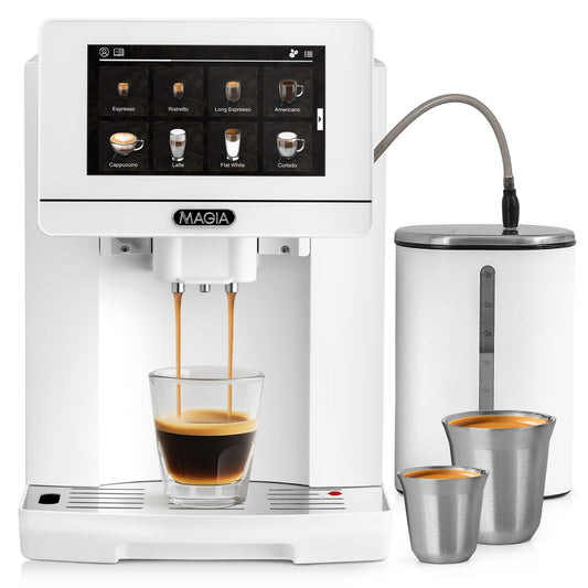 Zulay Magia Super Automatic Espresso Maker Machine with Grinder - 19 Fully Customizable Coffee Options, Auto Cleaning, Milk Foam System - for Latte, Cappuccino - Ultra LUX - White (13.7x17.7x9.4)