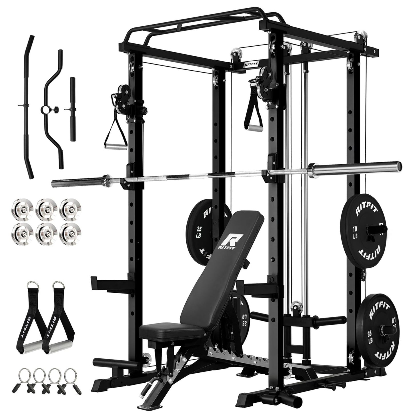 RitFit Multi-Function Garage & Home Gym Package Includes 1200LBS Power Cage PPC-P3 with Cable Crossover System, Weight Bench, Olympic Barbell Weight Set, Full Body Workout-BLK,Bumper Plate 140lbs