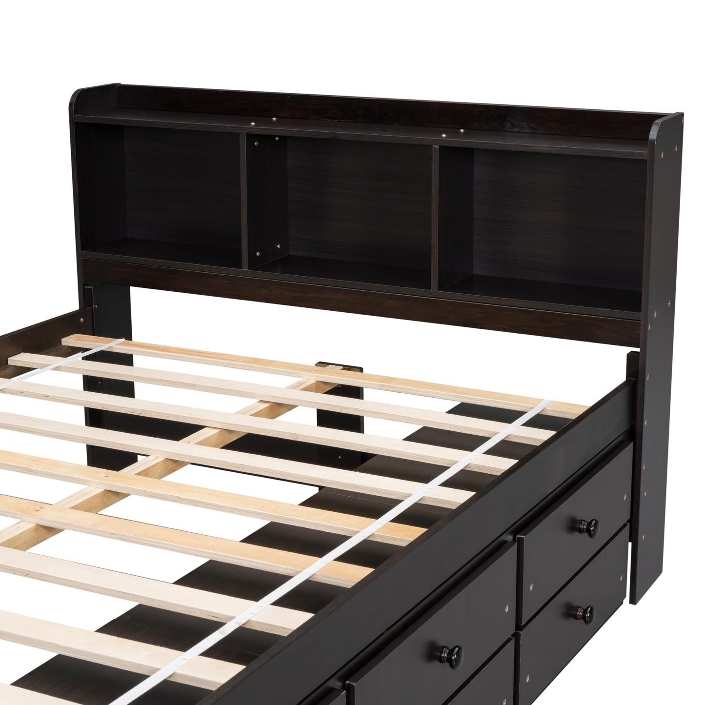 KEIKI Full Size Storage Bed Frame with Bookcase Headboard, 6 Underbed Drawers and Bed End Storage Case, Wooden Platform Bed with Shelves and Storage Cabinet for Small Bedrooms, Espresso