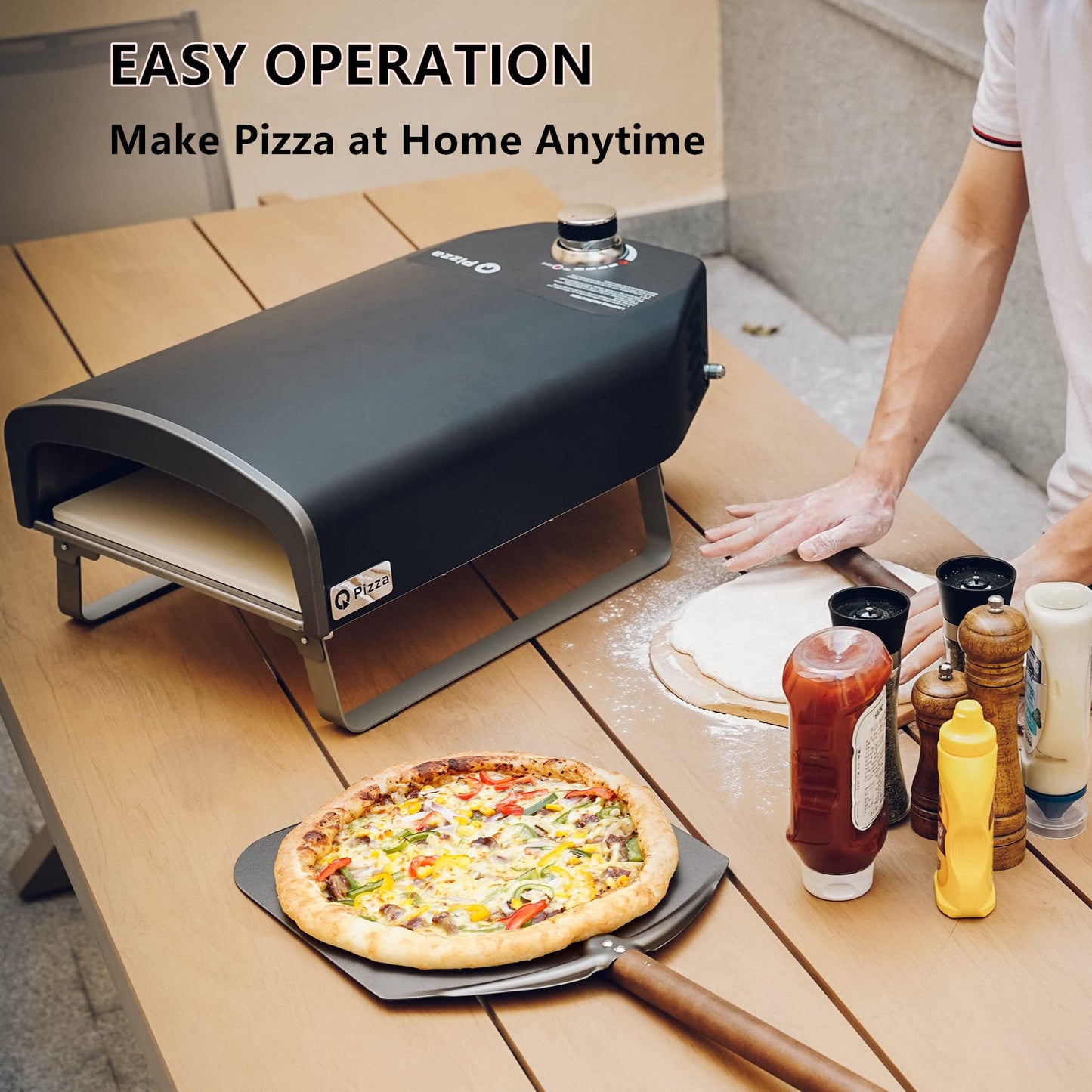 Q Pizza Outdoor Pizza Oven, Portable Gas Pizza Oven with 13x13in Pizza Stone for Outside Cooking, Backyard Pizza Maker, Pizza Accessory Ideal for Outdoor Kitchen and Party, Great Gift PS100