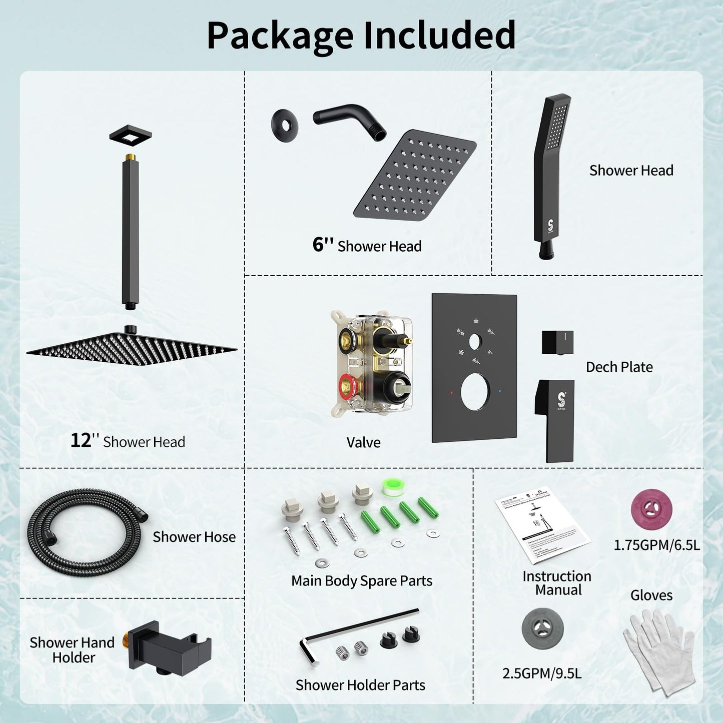 Shower Faucet Set Shower System - SR SUN RISE Matte Black Shower Trim Kit with Dual Shower Head, 12'' Ceiling Rainfall 6'' Wall Mount with Handheld Shower for Couples, Complete 6 Diverter Valve