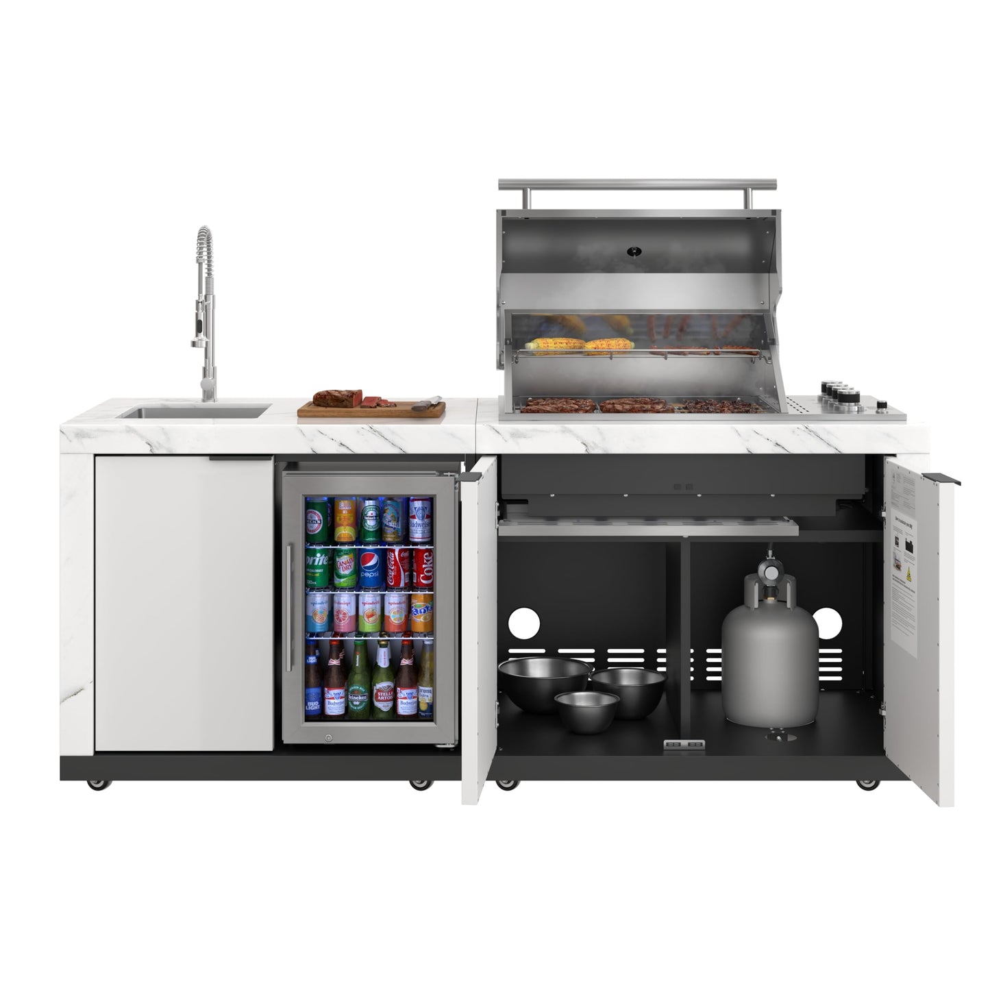 KoolMore Reserve 83 in. Outdoor Kitchen Suite with White Stone Counters and Sides, 4-Burner Grill, Stainless Steel Sink and Faucet