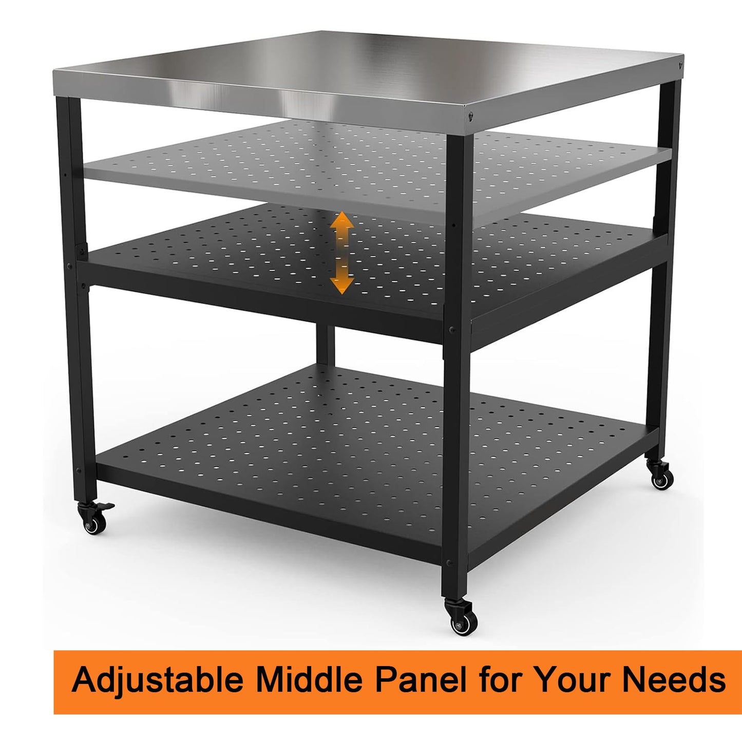 Mimiuo 31.5" Square Pizza Oven Stand – Heavy Duty Stainless Steel Table for Ooni, Blackstone, Ninja, Outdoor BBQ Cart with 3 Adjustable Shelves, Locking Wheels, Propane Tank Compatible 31.5x31.5x33 in