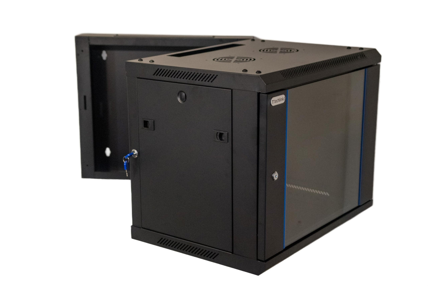 TechLinkd 9U Wall Mount IT Cabinet Enclosure Hinged Double Section Swing Out 19-Inch Server Network Rack with Glass Door 22-Inches Deep Black Professional