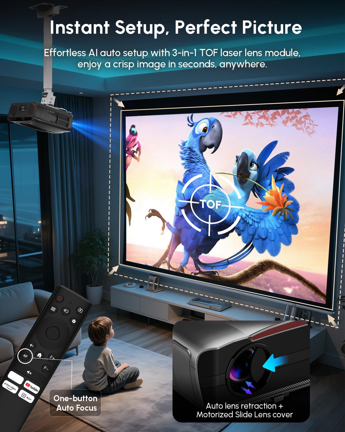 2026 Upgraded Daylight 4K Projector 2400ANSI, with Auto Lens Cap, Tof Autofocus, HDMI eARC CEC, 40W Speakers, Smart Home Cinema Daytime Projectors with AI MOVIN 2.0 OS, HDR10+,WiFi 6, Bluetooth, USB