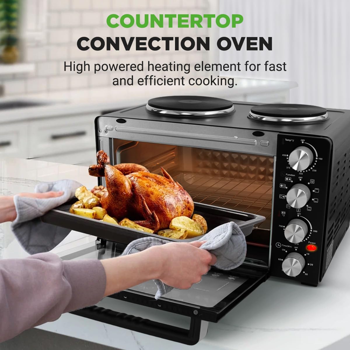 Nutrichef 2-in-1 Convection Oven & Cooker - 30 Quart, 1500W Multi-Function Kitchen Oven with Dual Hot Plates, 7 Cooking Modes Including Rotisserie, Broil, Bake - 19.6 x 16.0 x 13.5 Inches