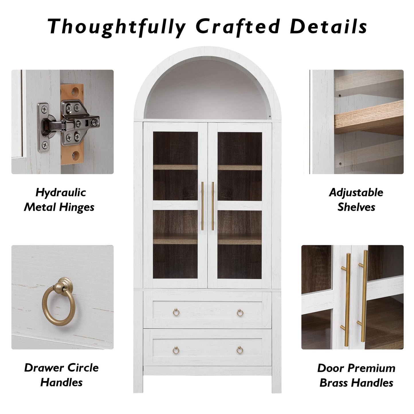 Merax 71" Tall Arched Farmhouse Pantry Cabinet with Glass Doors & 2 Large Drawers - Adjustable Shelves, Modern Kitchen Storage Cupboard for Dining Room, Living Room (30" W x 15.75" D), White