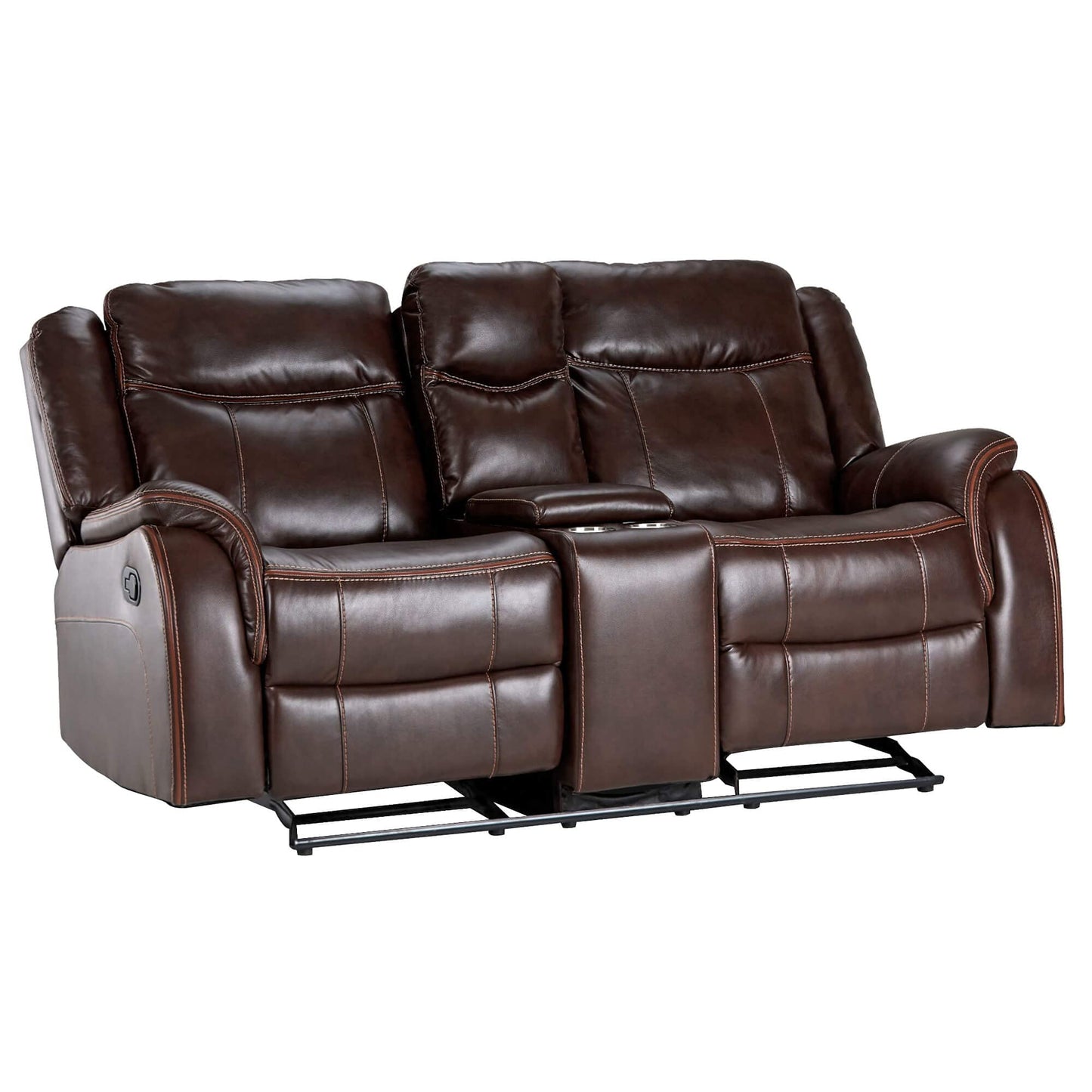 Sunset Trading Avant 76" Wide Dual Reclining Rocking Loveseat with Power Console | USB, 2 Outlets, Cupholders | Brown Faux Leather Love, Deep Seating