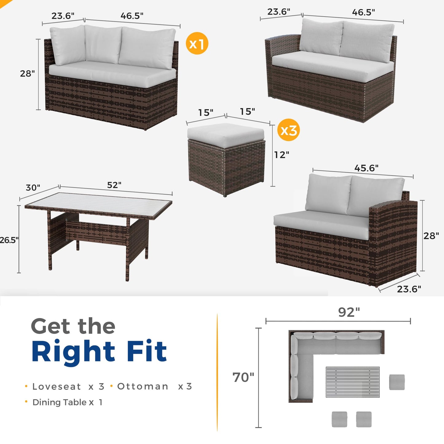 Wisteria Lane 7 Piece Patio Furniture Set, Wicker Patio Sectional with Wide Armrest, All Weather Outdoor Dining Set, Outdoor Furniture Patio Conversation Set with Ottoman, Grey