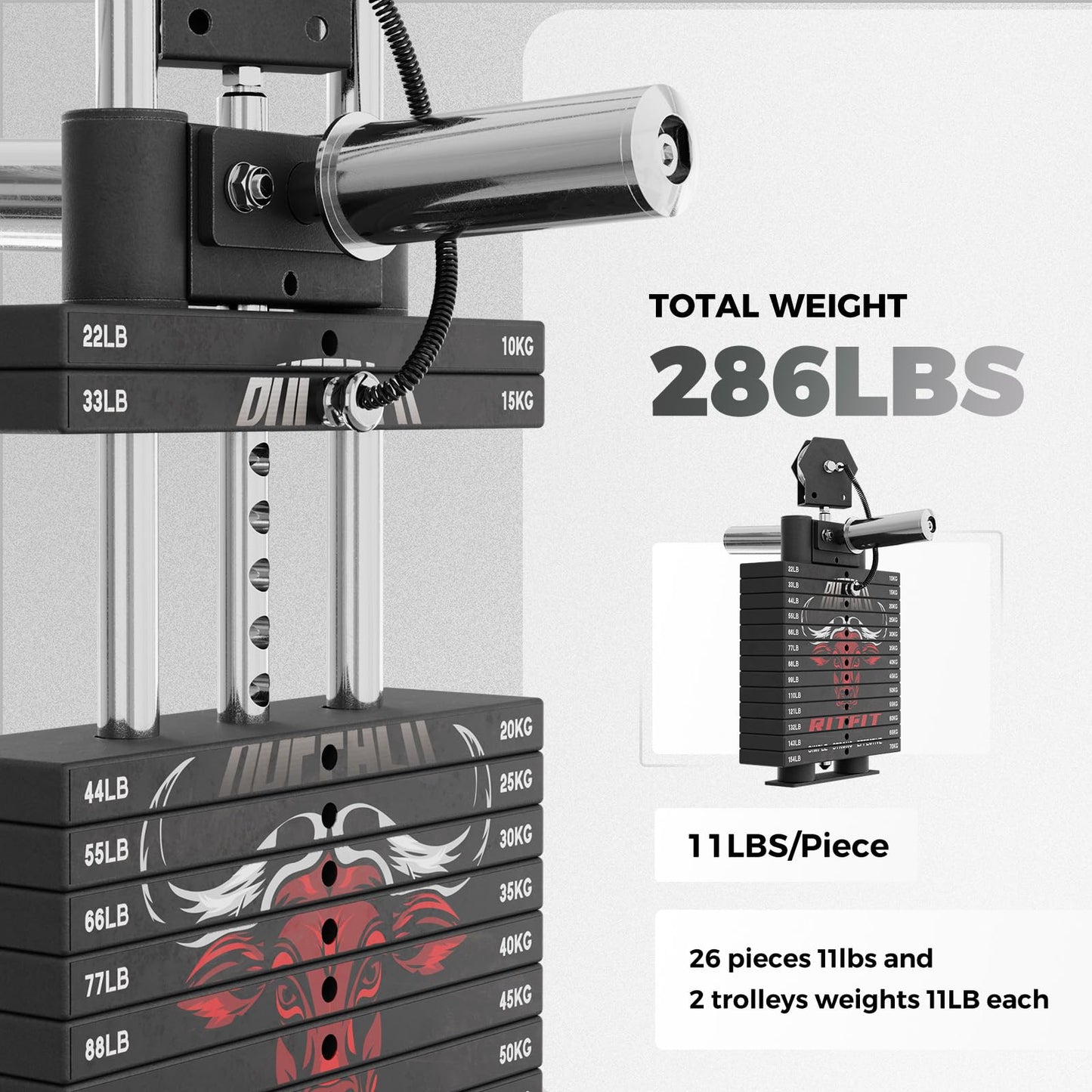 RitFit Buffalo Smith Machine Package, All-in-One Power Cage with Weight Stack , Power Rack with Cable Crossover & Leg Press Attachment for Home Gym(RED,BWB01)