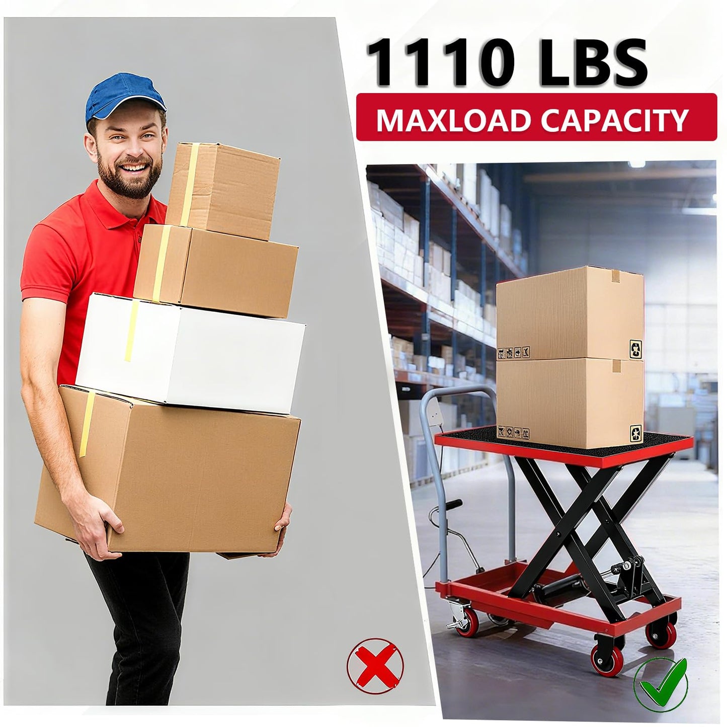 Hydraulic Lift Table Cart, 1100 LBS Load Capacity 32 in Lifting Height, Manual Single Scissor Lift Table with Non-Slip Pad and 4 Wheels,Hydraulic Scissor Cart (1100 LBS - Single - Red Black)